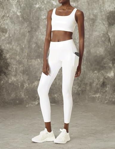 HUE HUE Women's Activewear Leggings with Pockets, Skimmer, Iridescent White, Medium