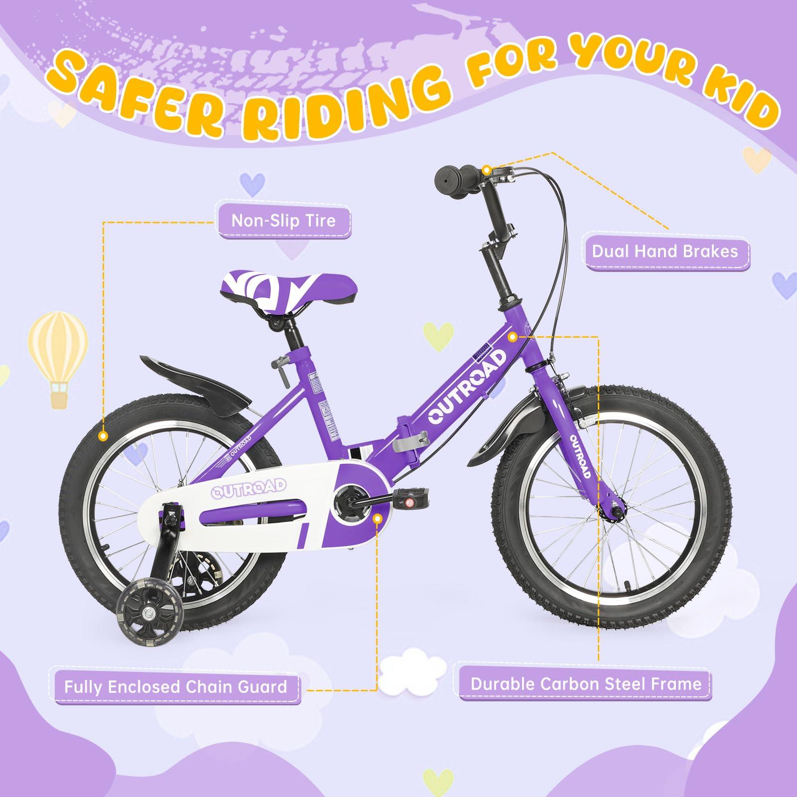 Betterland Betterland Folding Kids Bike,16 Inch Children Bicycle with Training Wheels and Dual Handbrakes Toddler Sport Bicycle for 3-9 Years Old Boys and Girls(Purple)