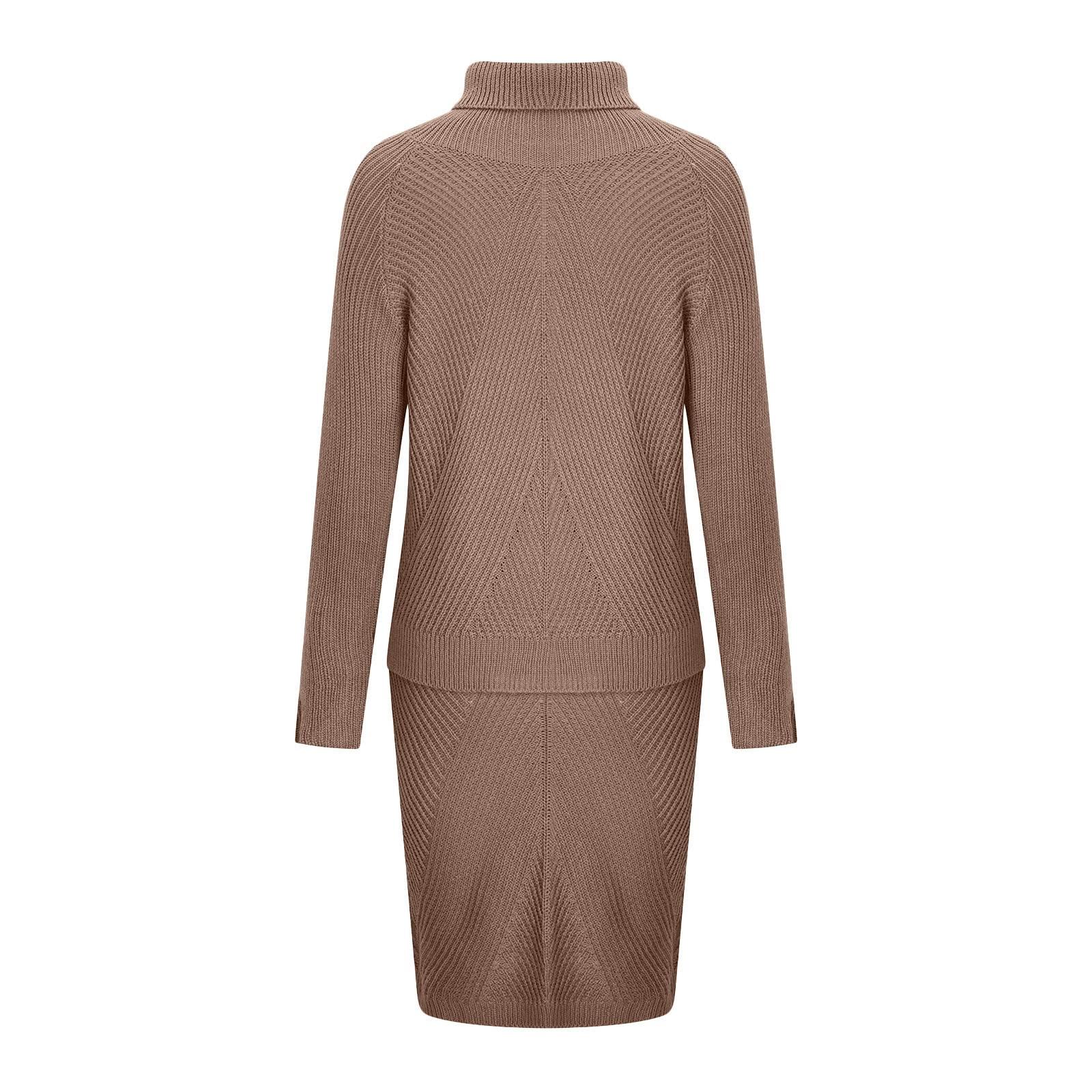 XUNRYAN 2 Piece Sweater Dress Sets for Women Long Sleeve Knit Outfits Solid Turtleneck Top Midi Skirt Bodycon Dresses Brown