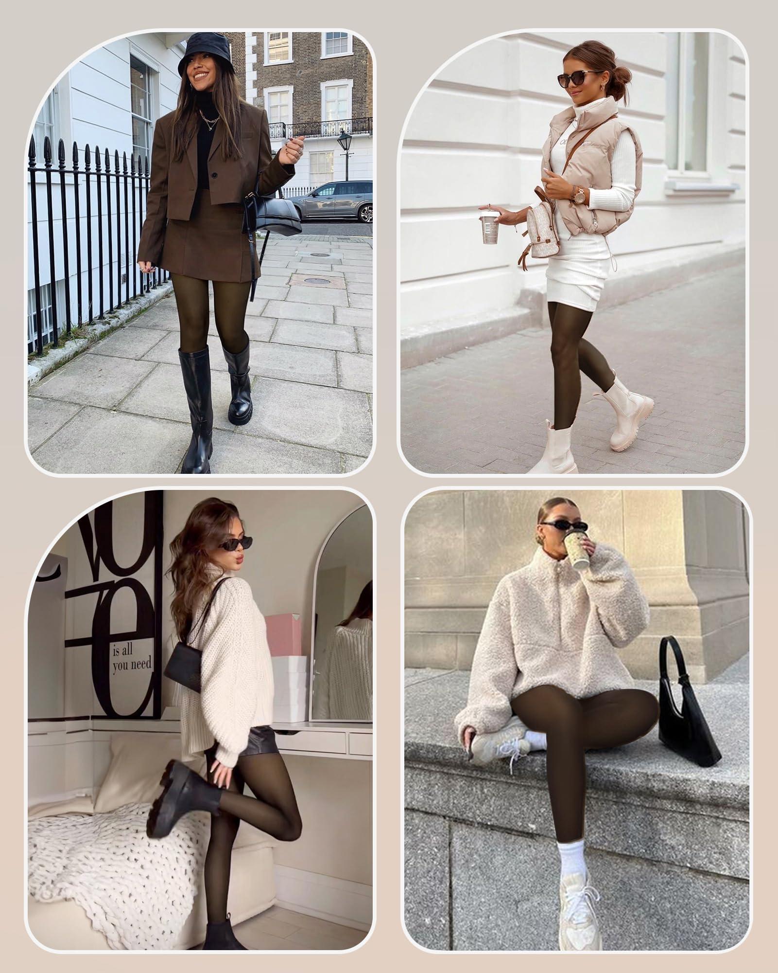 OEAK OEAK Womens Fleece Lined Leggings Sheer Translucent Tights Pantyhose Thermal High Waisted Footed Tights Warm Black 300g L/XL PLUS