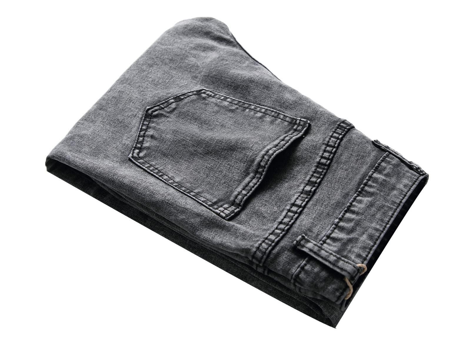 JEsilunmaMY Men's Stretch Straight Leg Jeans Mid Waist Slim Fit Washed Denim Pants Vintage Distressed Skinny Jean Trousers (Grey,32)