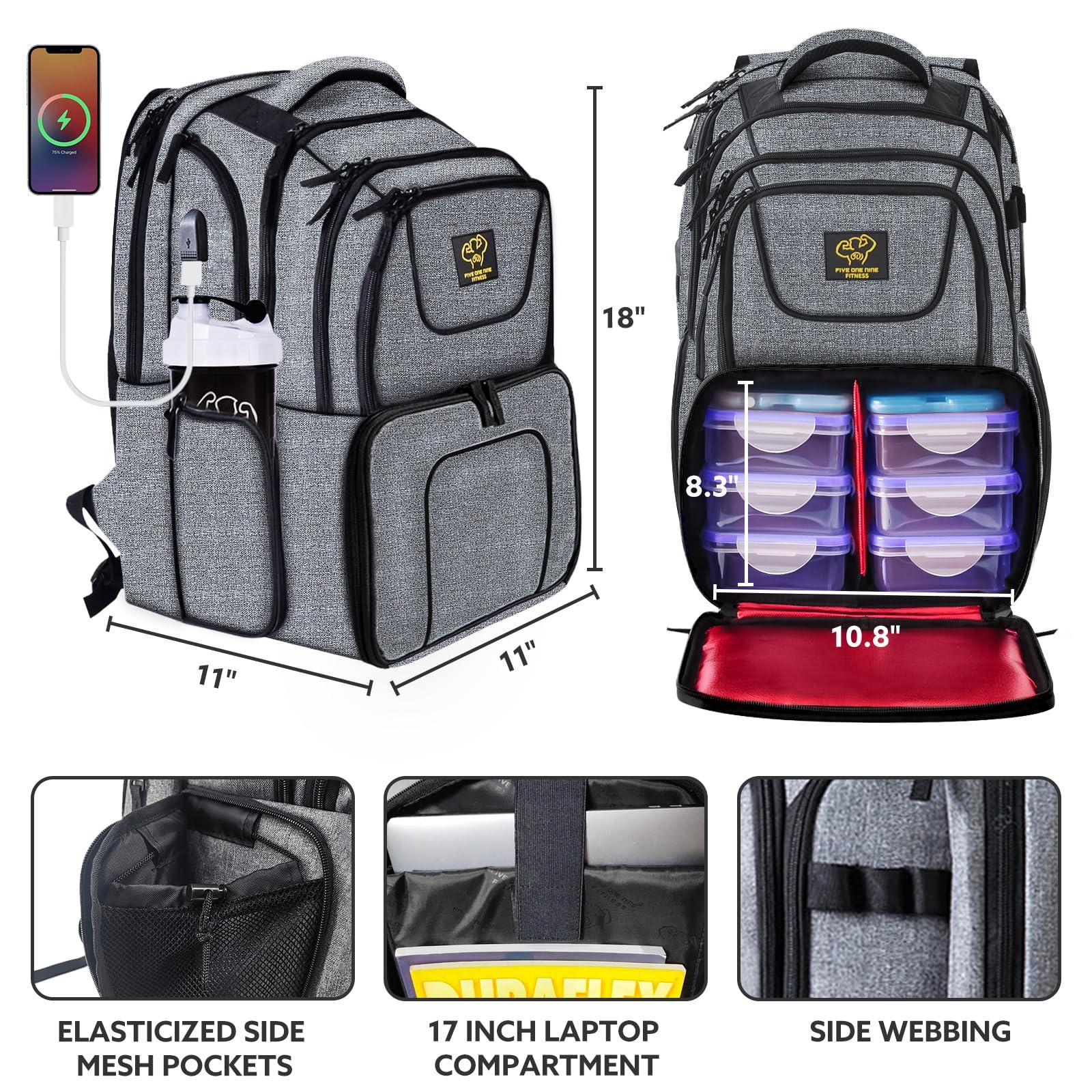 50 FIVE ONE NINE 519 Fitness Meal Prep Backpack,Hiking Outdoor Insulated Unisex Lunch Cooler with Computer Compartment,Include 6 Meal Containers,2 Ice Packs and Shaker