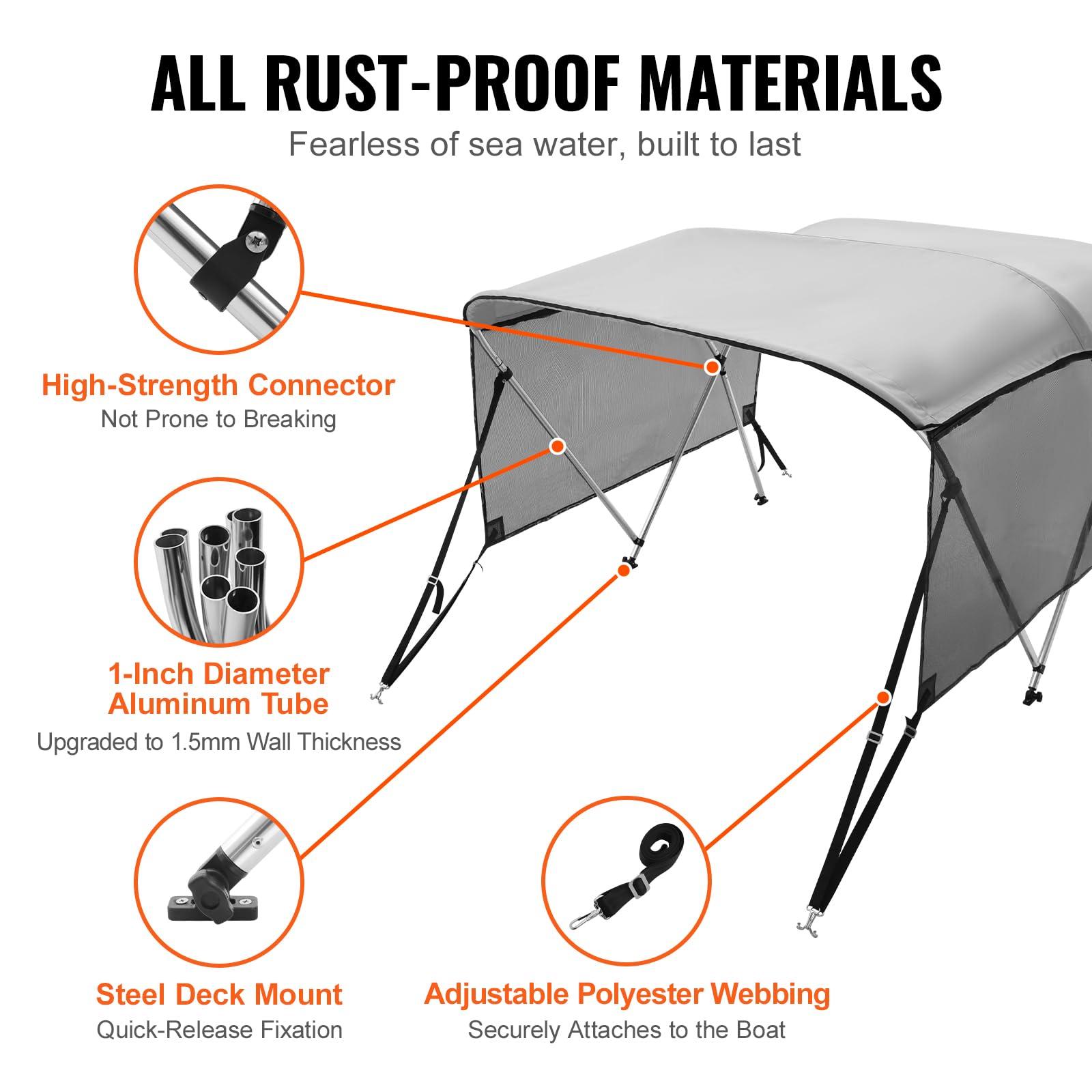 VEVOR VEVOR 3 Bow Bimini Top Boat Cover, Detachable Mesh Sidewalls, 600D Polyester Canopy with 1" Aluminum Alloy Frame, Includes Storage Boot, 2 Support Poles, 2 Straps, 6'L x 46" H x 61"-66" W, Light Grey