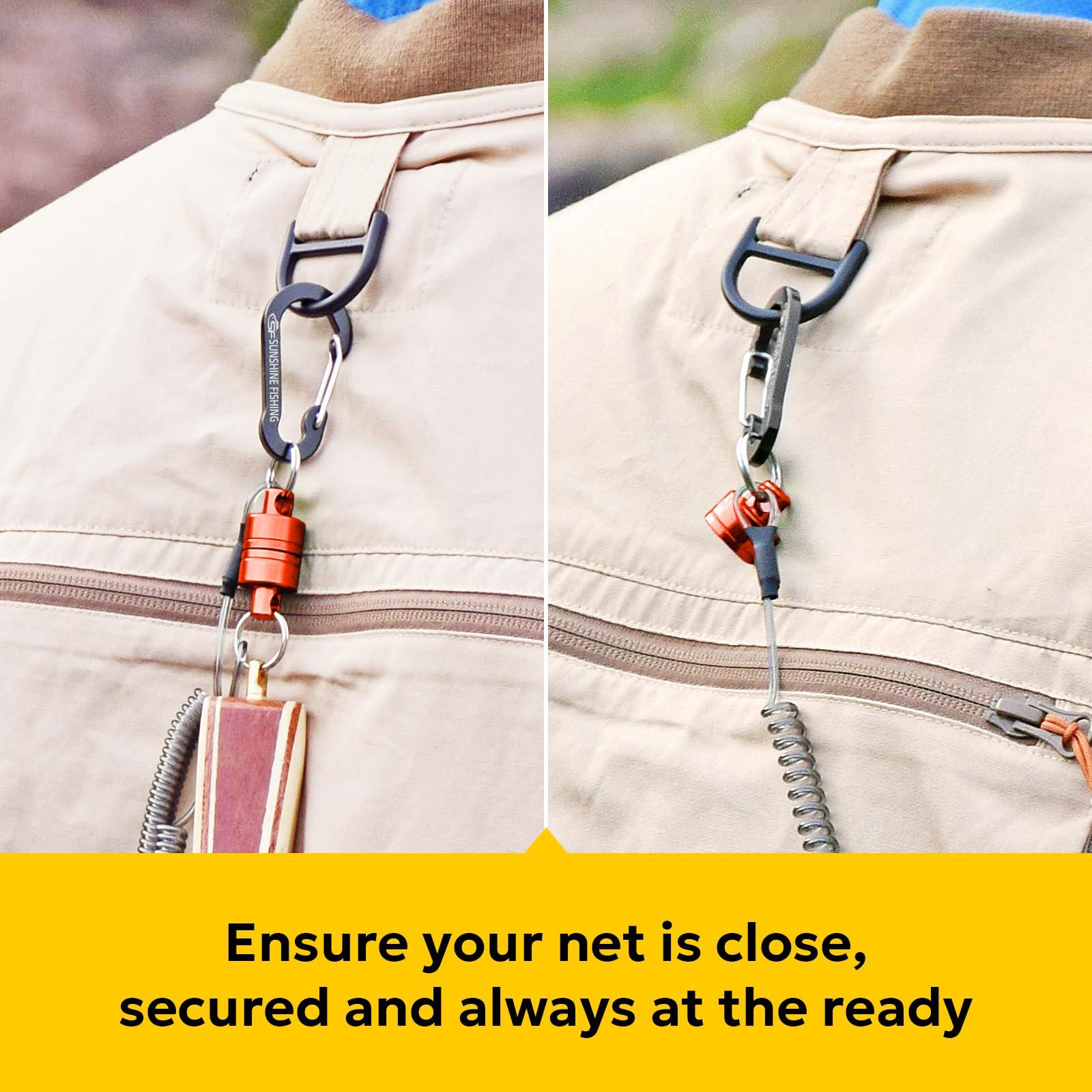 SF SF Strongest Magnetic Release Holder Keychain Fly Fishing Net Retractor Magnet Clip with Coiled Lanyard Carabiner - Red