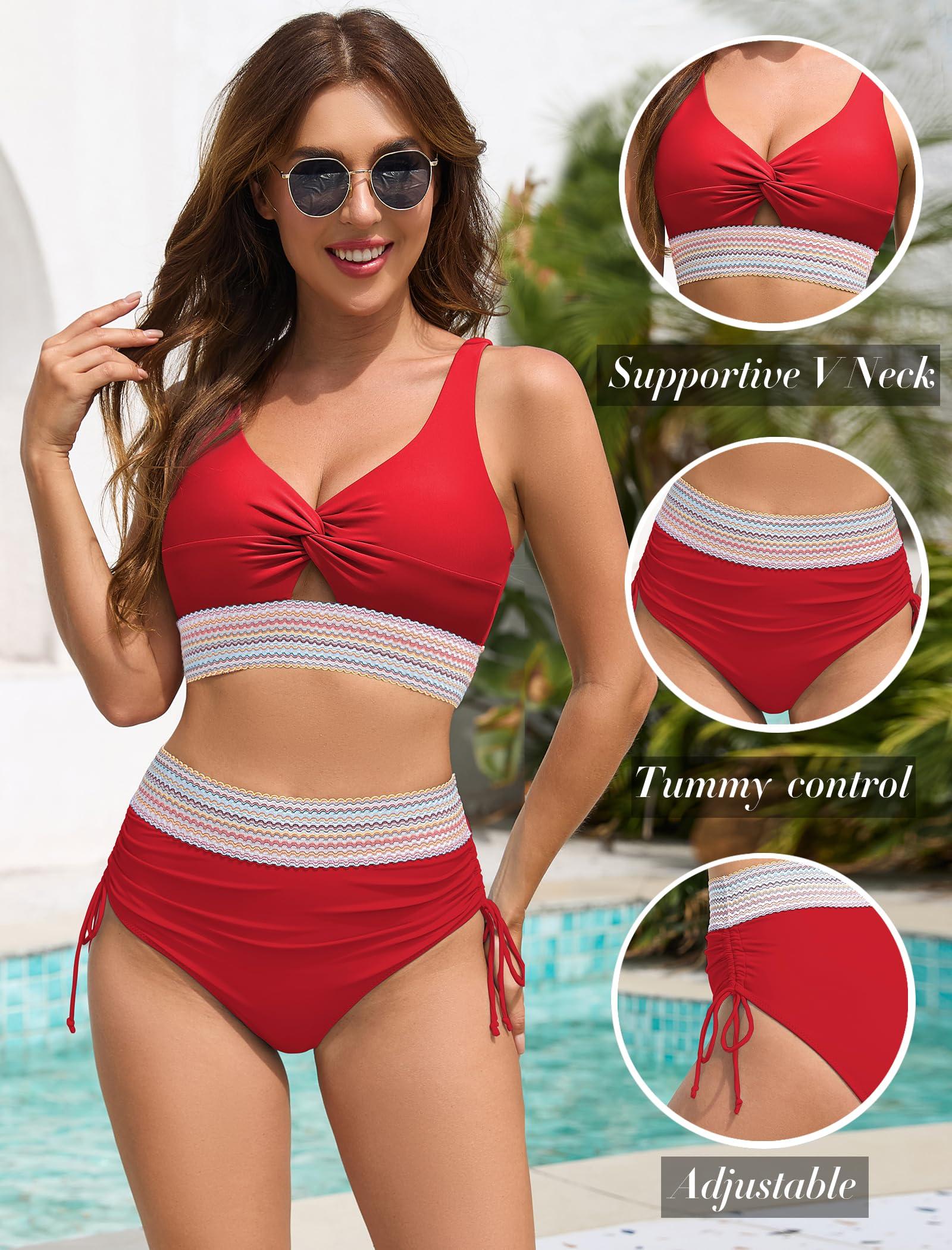 ZAFUL ZAFUL Women High Waisted Bikini Sets Tummy Control Bathing Suits Two Piece Swimsuit Push Up Modest Drawstring Swimming Suits Red S