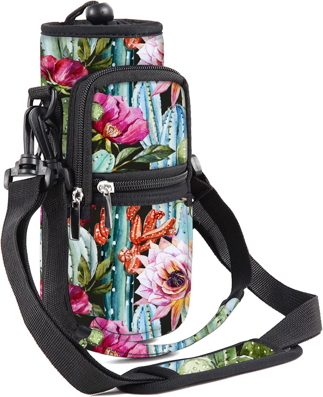 WINTOJO WINTOJO Neoprene Water Bottle Carrier Bag Holder 25oz 32oz 40oz 64oz Insulated Water Bottle Sling Sleeve Case Cover with Strap Pockets for Men Women School Walking Hiking Running (40oz, cactus)