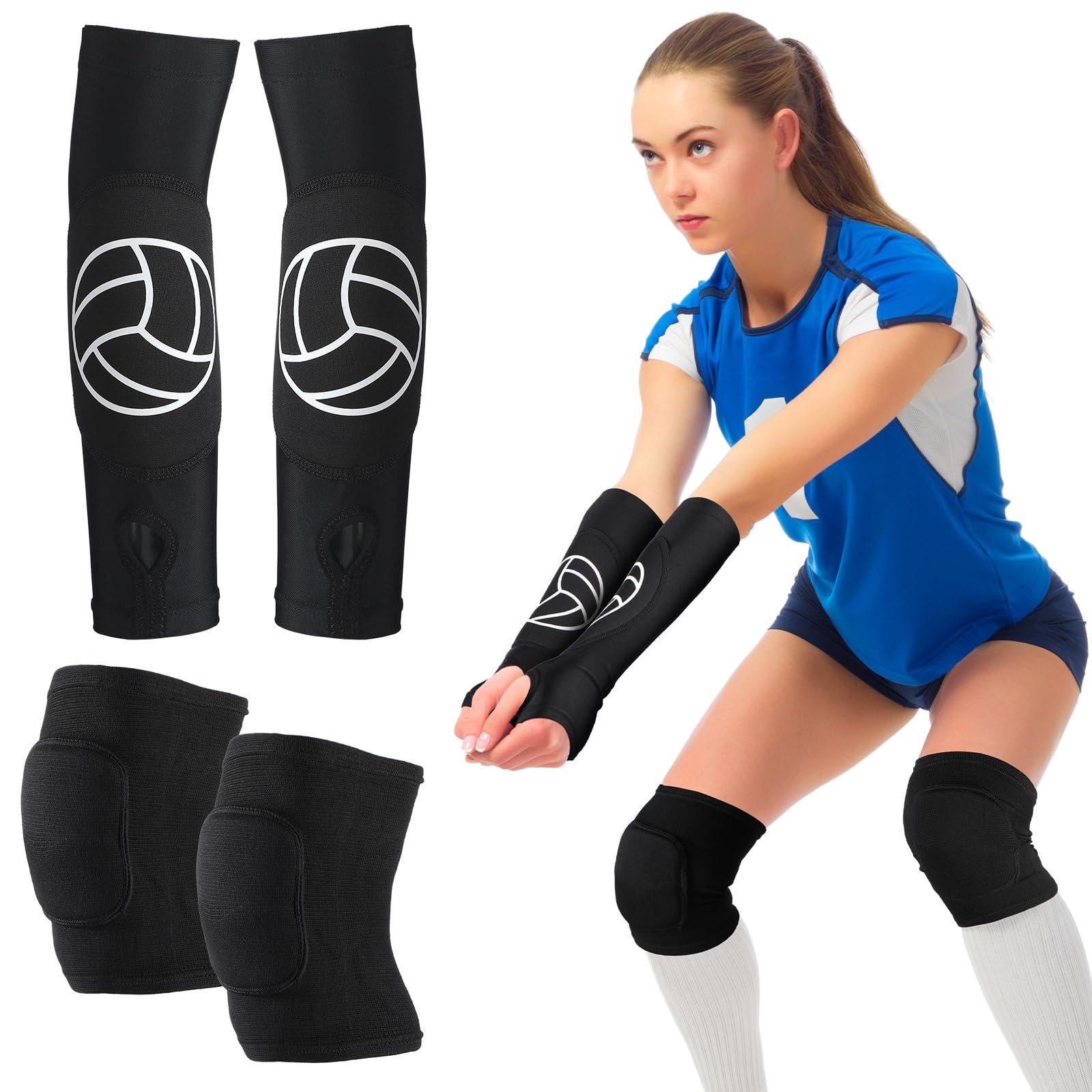 Hungdao Volleyball Knee Pads and Volleyball Arm Sleeves Volleyball Pad Volleyball Accessories Stuff Forearm Elbow Sleeve with Protection Pad Thumb Hole for Girl Women Teen Boy, Age 8-14 (Classic, 4 Pairs)