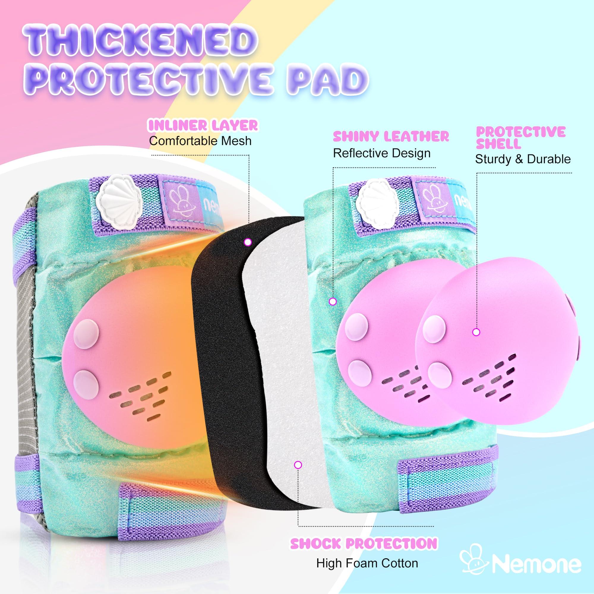 NEMONE NEMONE Mermaid Knee Pads for Kids, Girls Boys Knee Elbow Pads Wrist Guards with Drawstring Bag, Adjustable Reflective Protective Gear Set for Roller Skates Bike Cycling Skateboard Scooter
