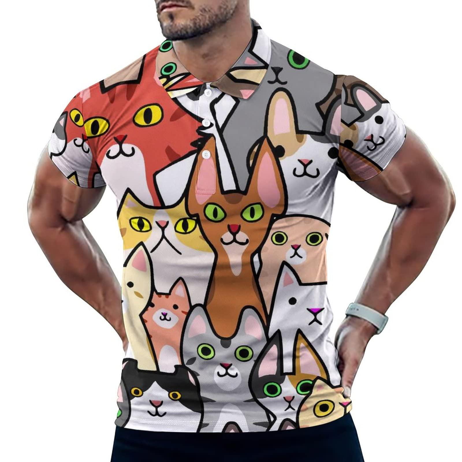 BAIKUTOUAN BAIKUTOUAN Colorful Doodle Cats Faces Men's Golf Polo-Shirt Short Sleeve Jersey Tees Casual Tennis Tops M