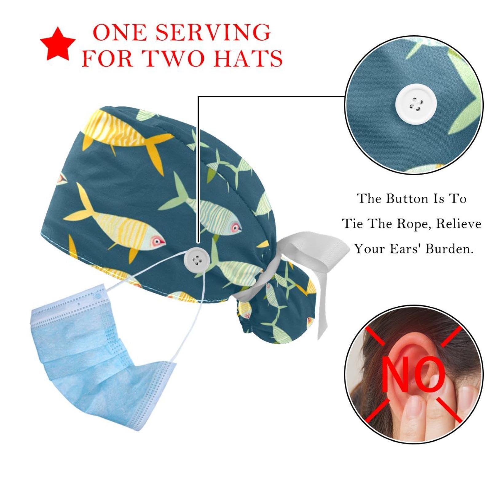 YTYVAGT 2-Pc,Nurse Scrub Caps,Scrub Hats with Buttons and Cotton Sweatband,Abstract Leaves