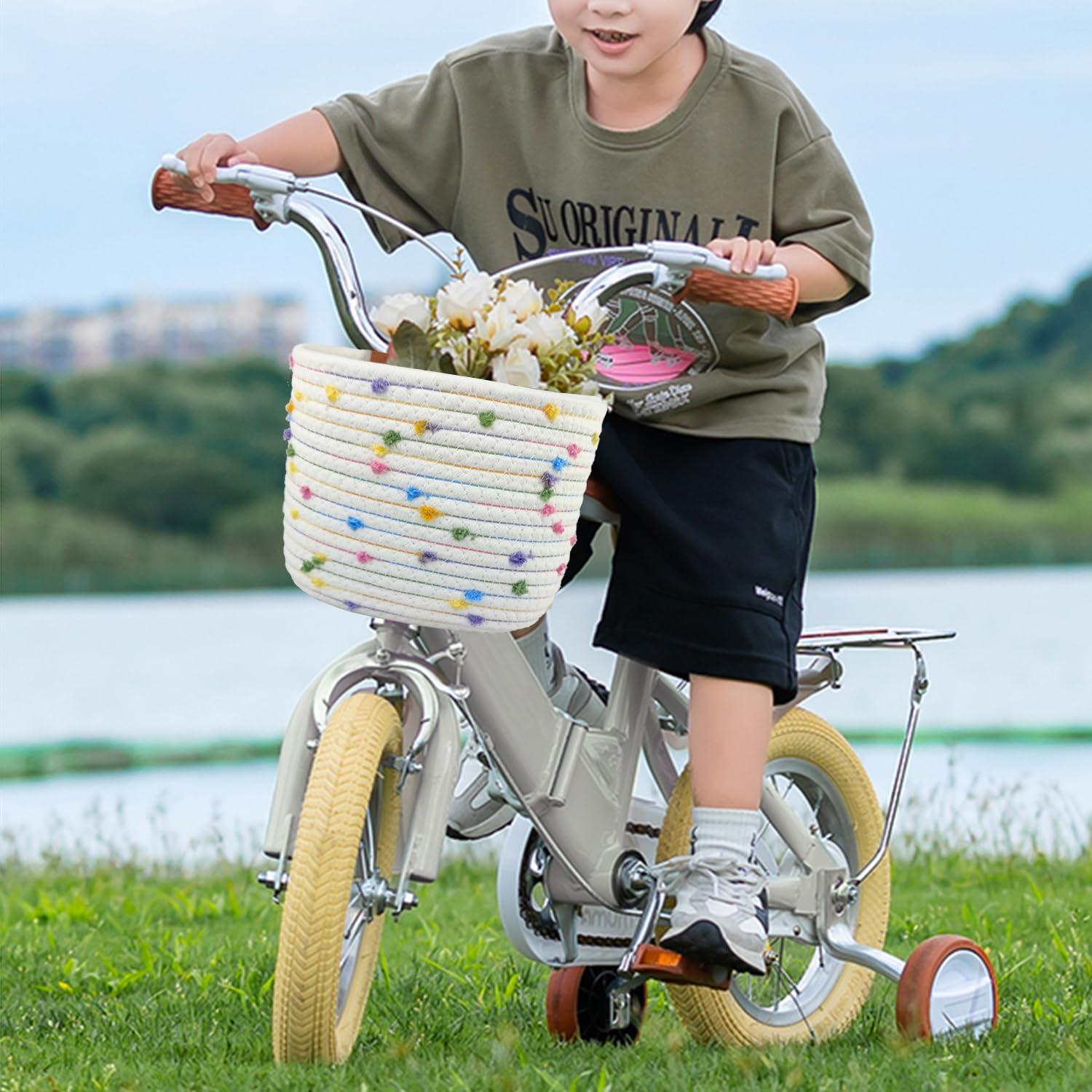 Mkuero Mkuero Kids Bike Basket, Bike Basket for Boy and Girl, Children\'s Bicycle Basket Woven with Sisal Rope, Cute Kids Bike Decorative Accessories for Kids Bikes, Balance Bikes, Scooters and Tricycles