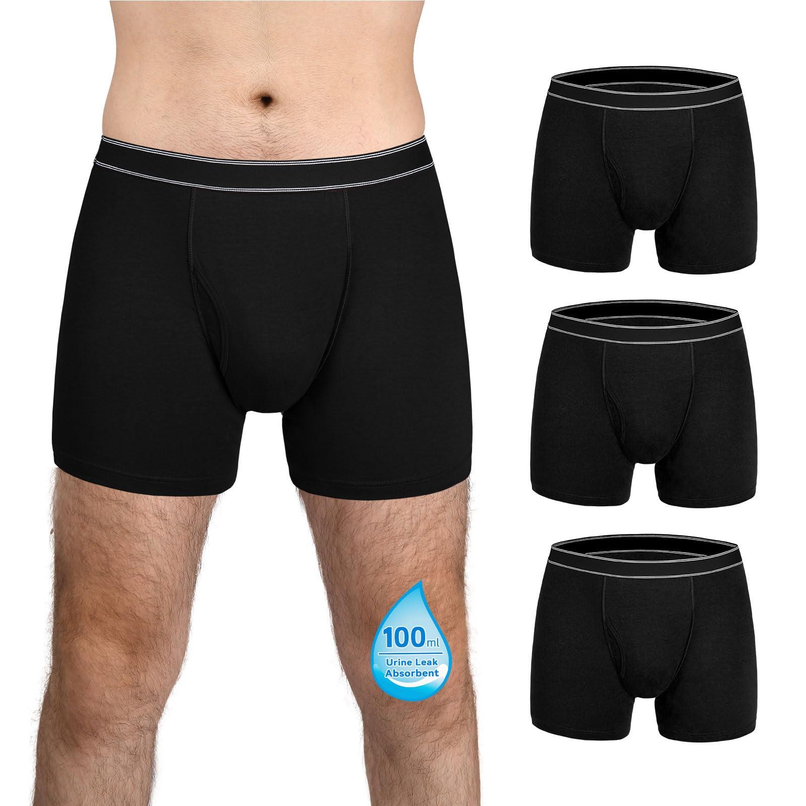 TIICHOO TIICHOO Mens Incontinence Underwear Washable Cotton Incontinence Boxer Briefs with Front Fly 3 Pack (3X-Large, 3 Black)