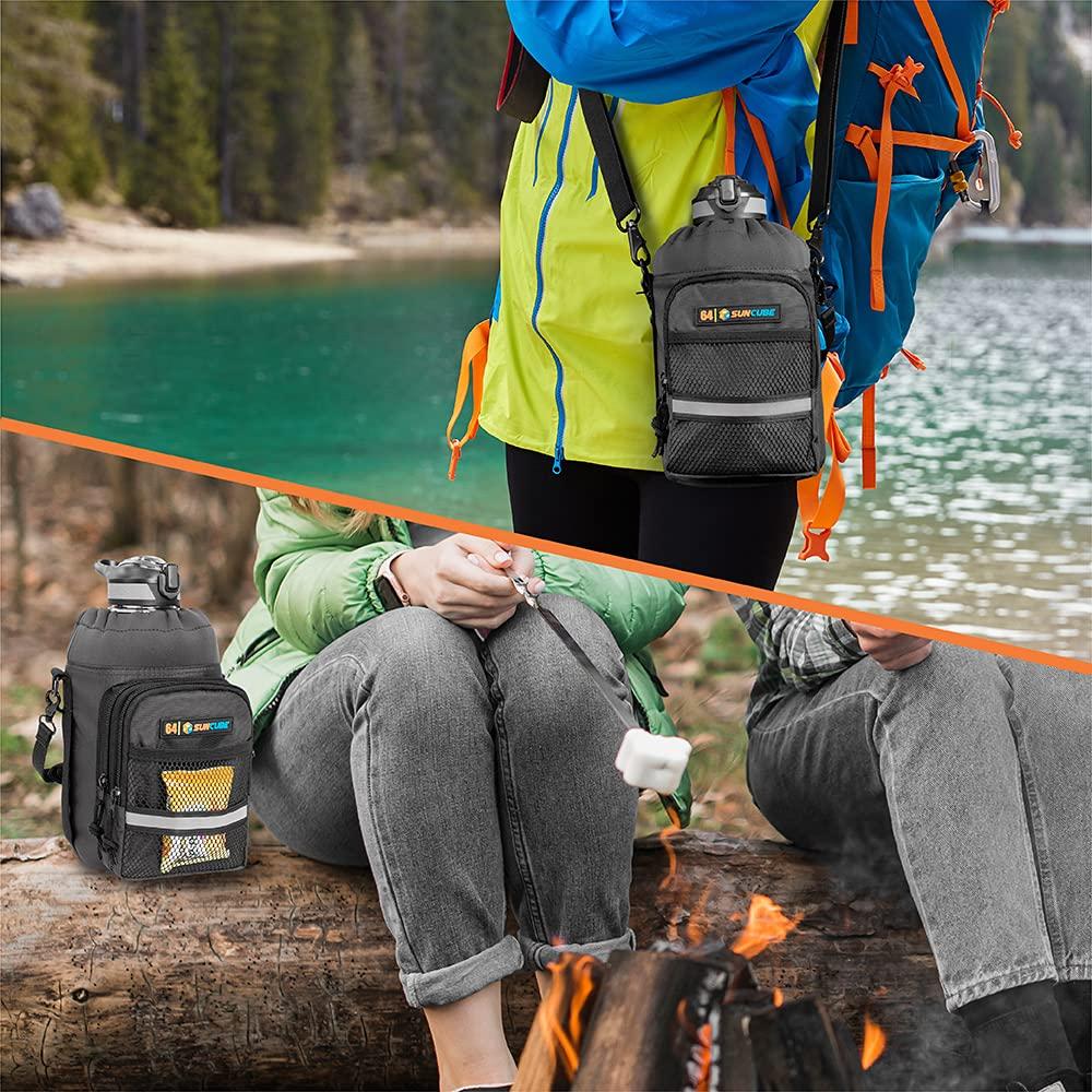 SUN CUBE SUN CUBE Water Bottle Carrier with Strap, Insulated Water Bottle Carrier Bag with Phone Pocket Pouch, Sleeve Sling Purse Crossbody Bottle Holder for Walking, Sports, Hiking Accessories, Gray 64oz