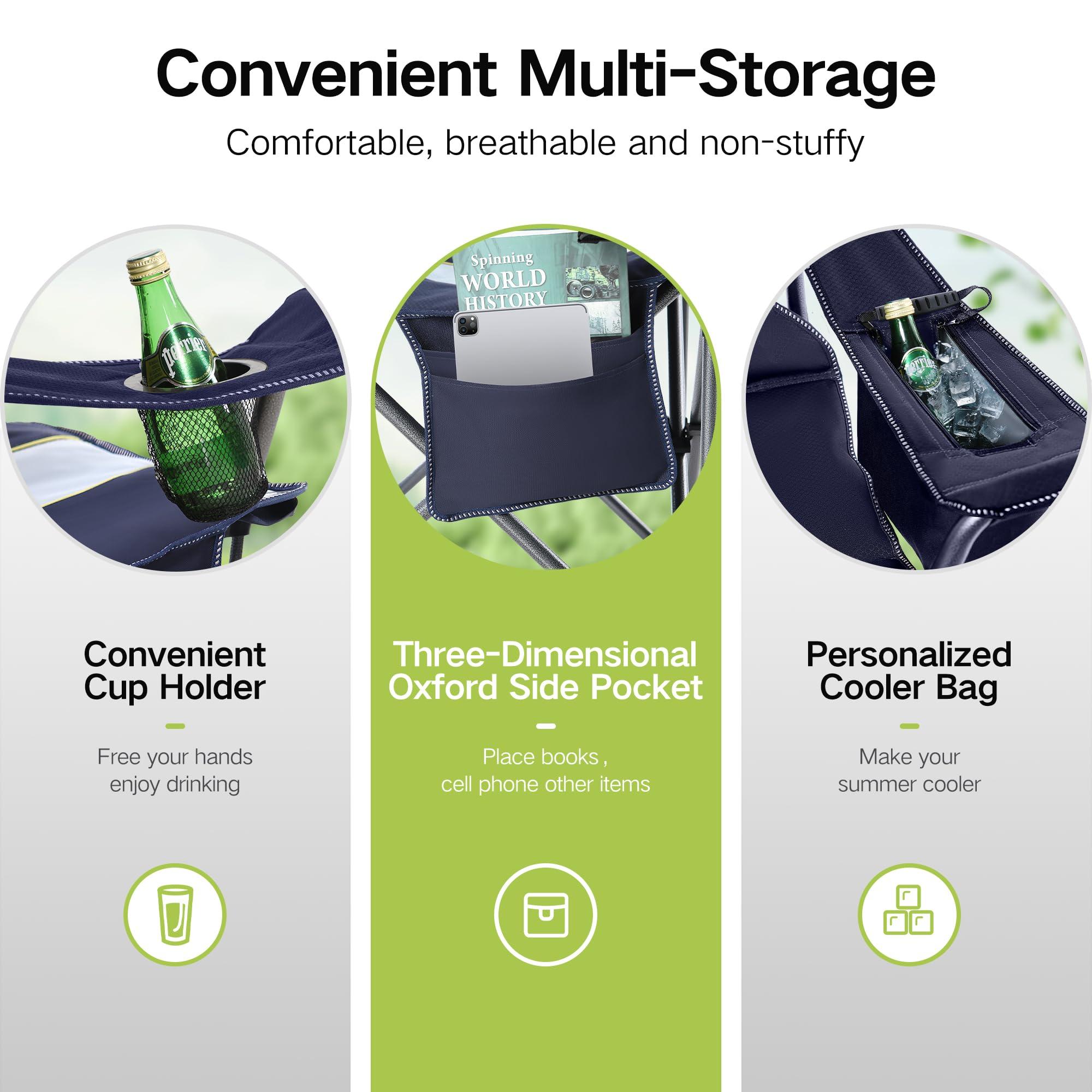GREEN PARTY GREEN PARTY Folding Camping Chair Oversized Heavy Duty Lawn Chair with Cooler Bag, Cup Holder, Storage Pocket, Collapsible Padded Outdoor Arm Chair, Quad Lumbar Back Chair Supports 450LBS