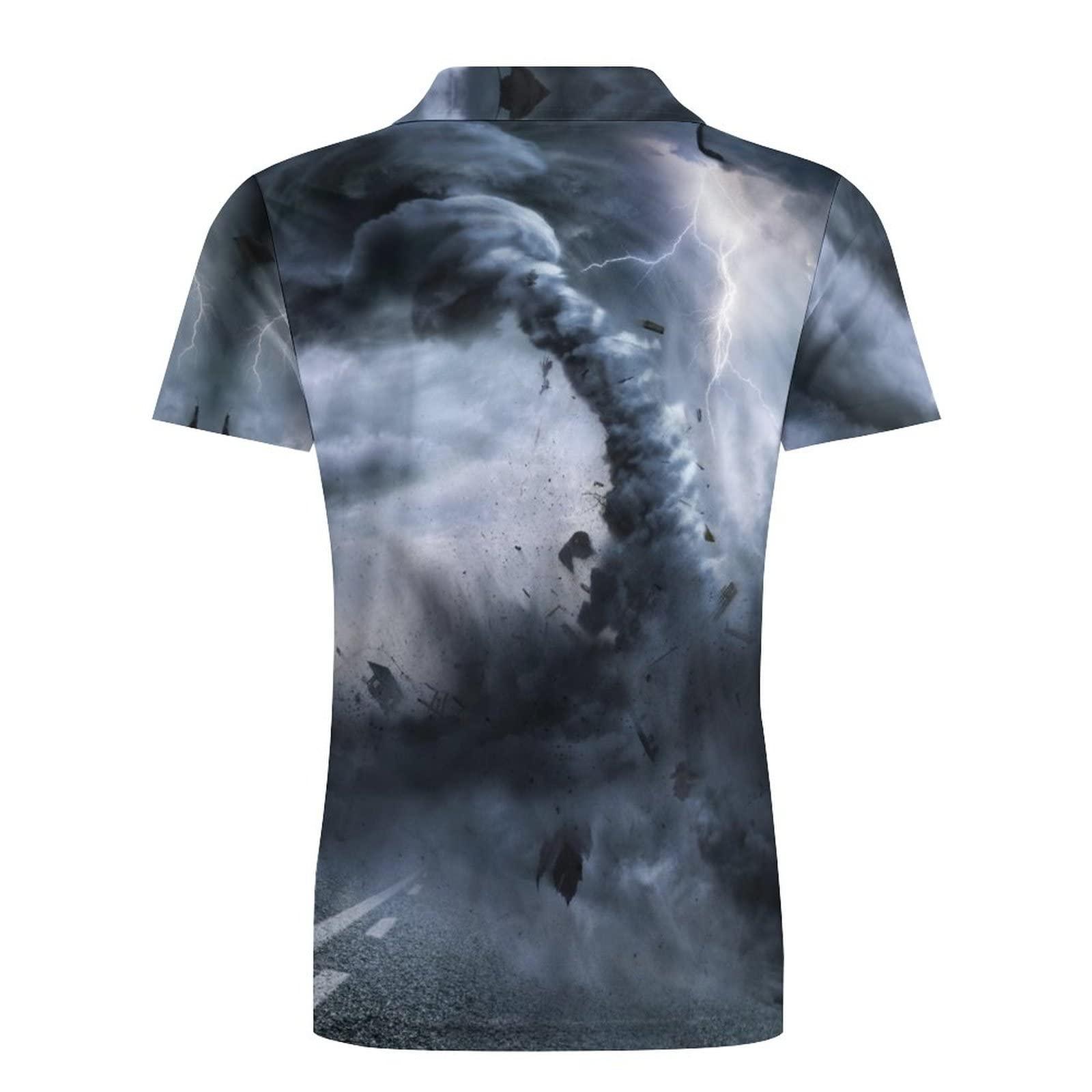 SONGTING Powerful Tornado Men's Polo Shirt Short Sleeve Print T Shirt Slim Fit Golf Shirt Collared Tee Casual Top XL
