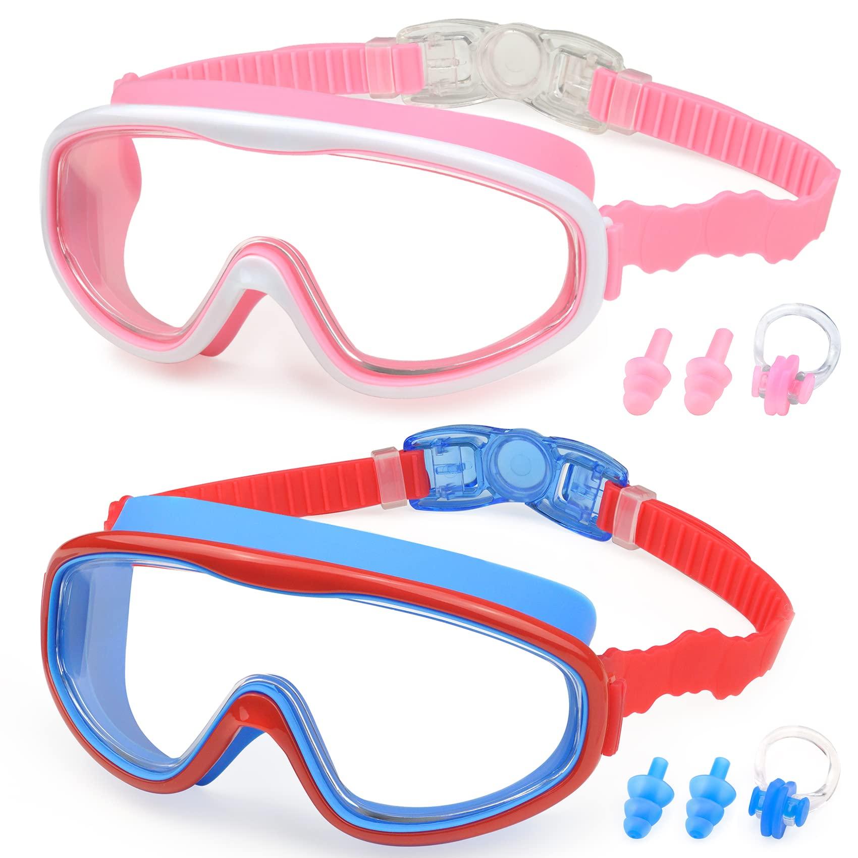 KAILIMENG KAILIMENG 2 Pack Kids Swim Goggles, Clear Wide View No-Leak Anti-Fog UV Protection Swimming Glasses with Nose Clip Earplugs for Toddlers Youth Child 3-15 Years Old (Pink & Red Blue, 2 Pack)