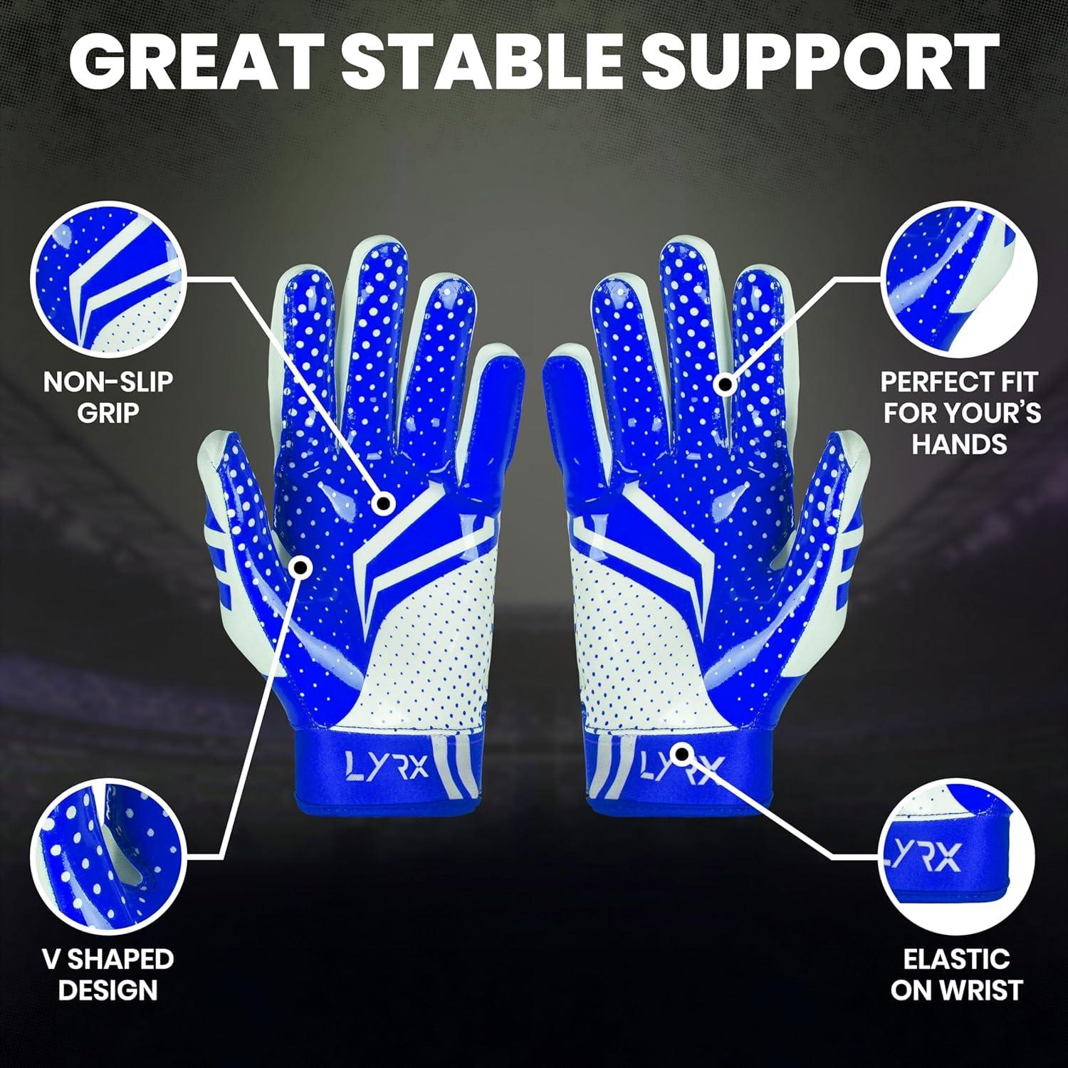 LYRX LYRX Professional Football Receiver Gloves with Optimal Silicone Palm Non-Slip Grip Control Ultra-Stick Sports Lightweight Glove and Precision Fit (Blue, Youth XS (5.5"))