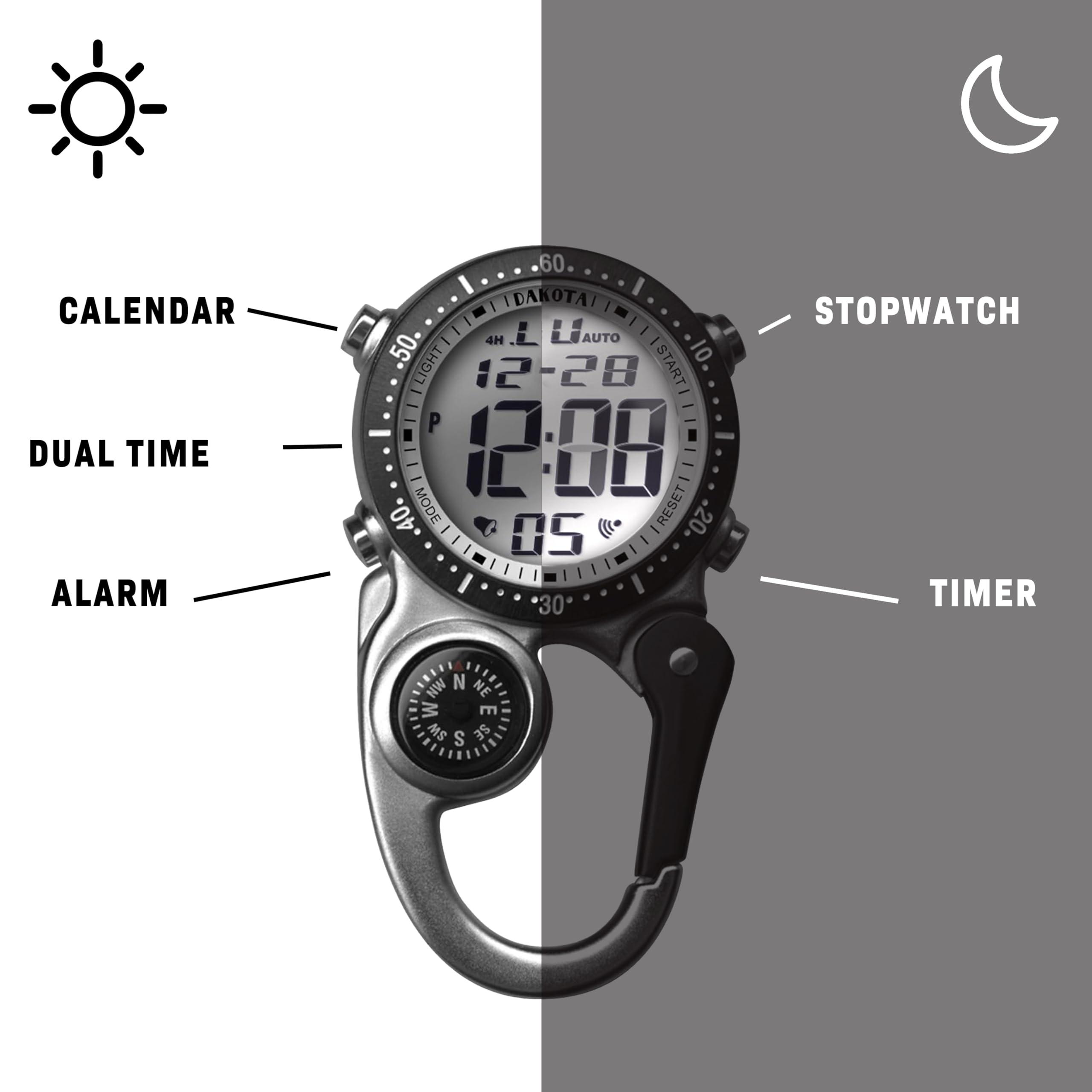 Dakota Dakota Digital Backpacker Clip Watch, Alarm, Stopwatch, Timer and Dual Time, Outdoor Gifts for Men and Women, Tactical Digital Watch