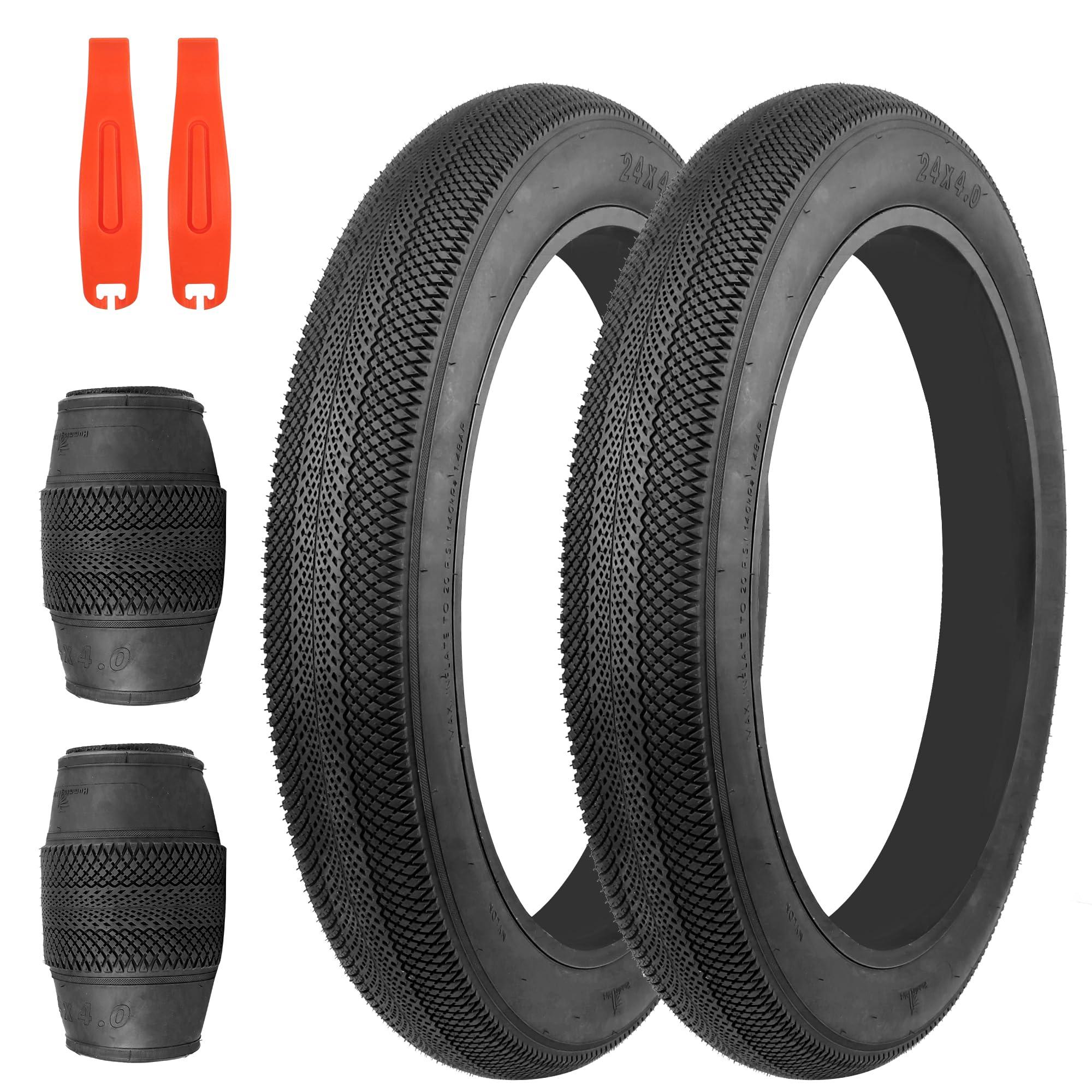 MEGHNA MEGHNA Bike Tire 20/24/26 x 4.0 Mountain Bike Fat Tire with Tubes Groove Tread Foldable Tire 24 inch Replacement for Snow Bike Fat Bike Electric Bike (Black - 1 Tire, 24 x 4.0 inch)