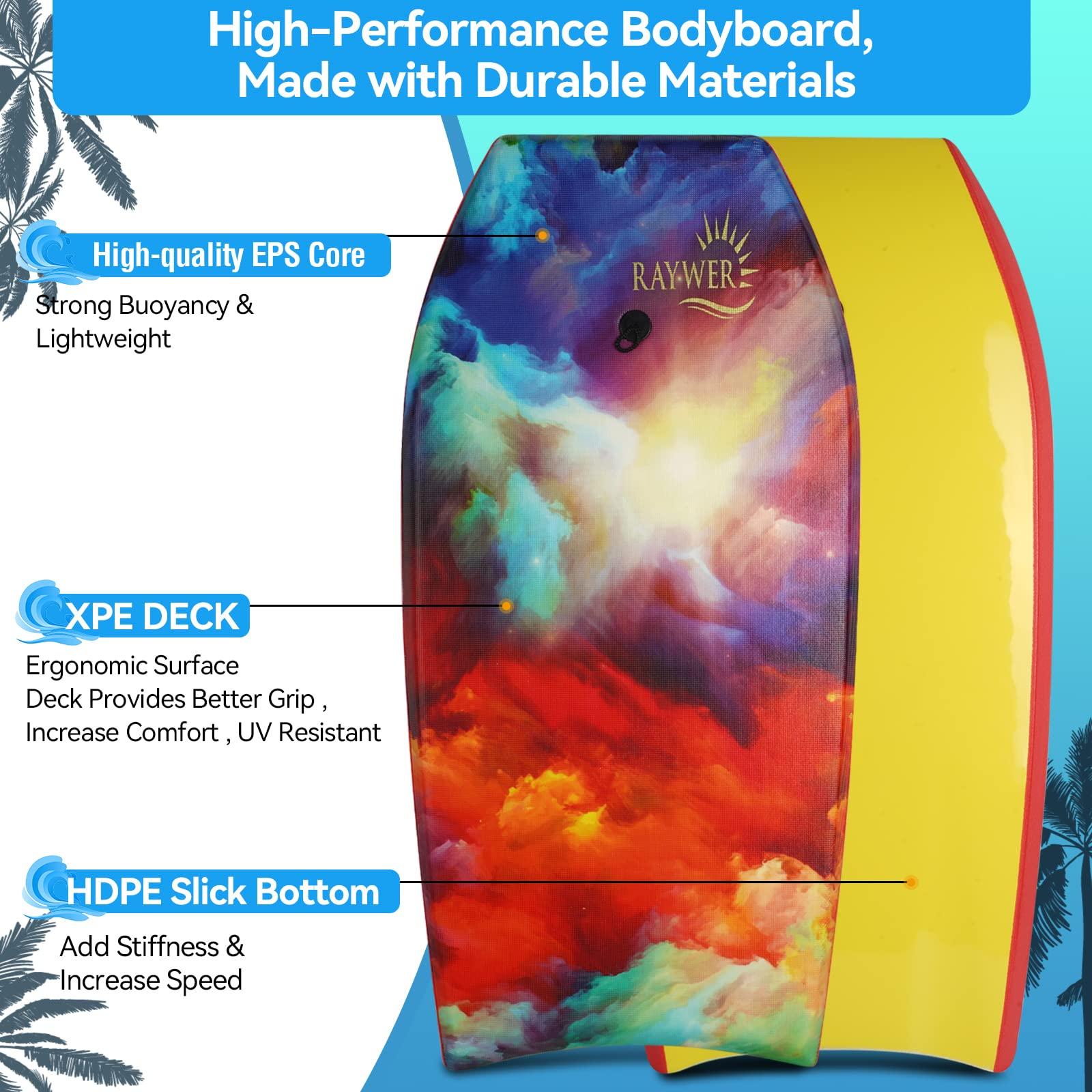 RAYWER RAYWER Body Board Lightweight with EPS Core, HDPE Slick Bottom , Leash & Adjustable Wrist Rope, Great Surfing for Kids and Adults (Sky, 33-INCH)