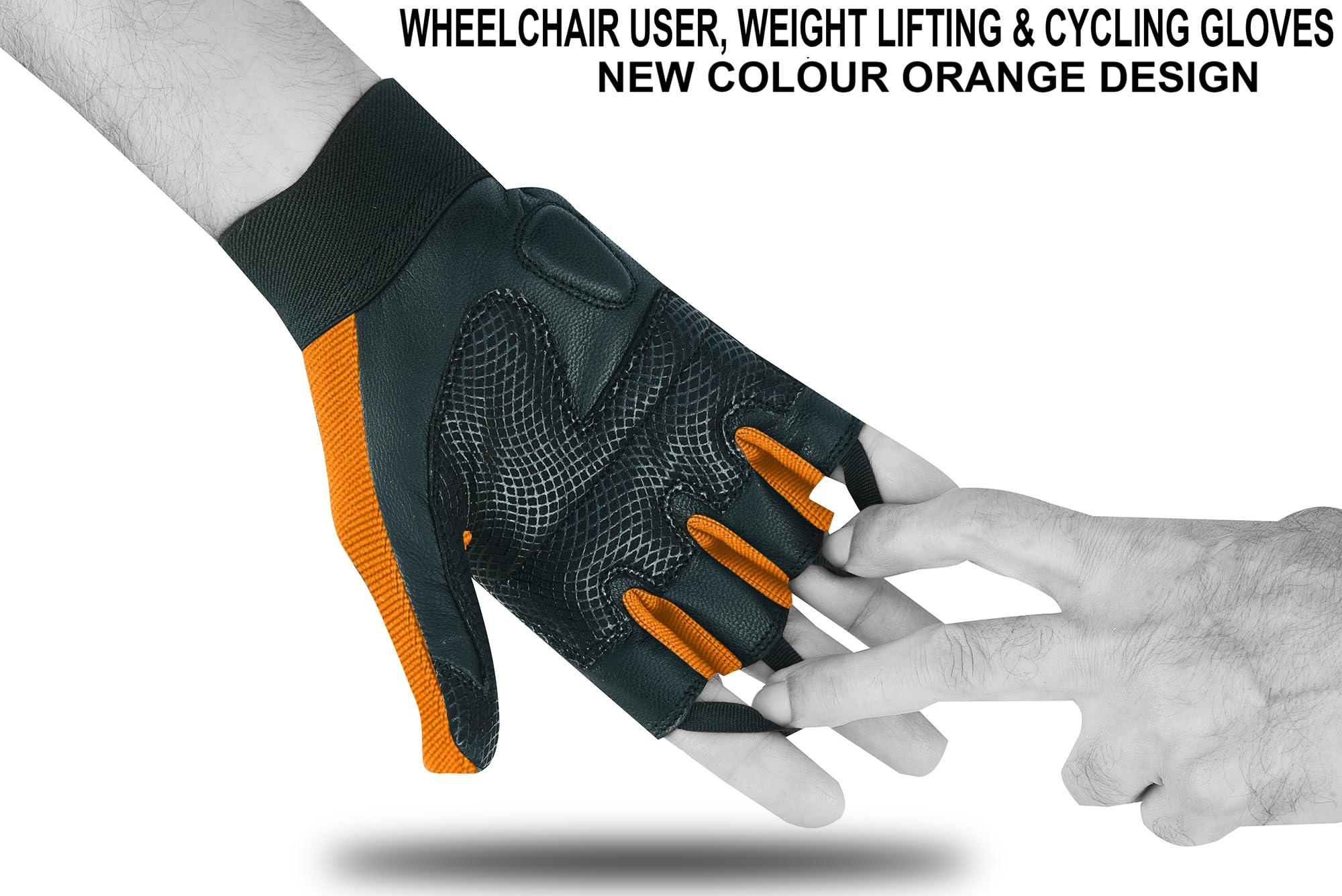BTR BORN TO RACE BTR BORN TO RACE Wheelchair User Gloves Mobility Disability Fingerless Long Thumb Leather Palm for Men and Women Workout Weight Lifting, Cycling, Driving Gloves New Camo Design Unisex (L, Orange)
