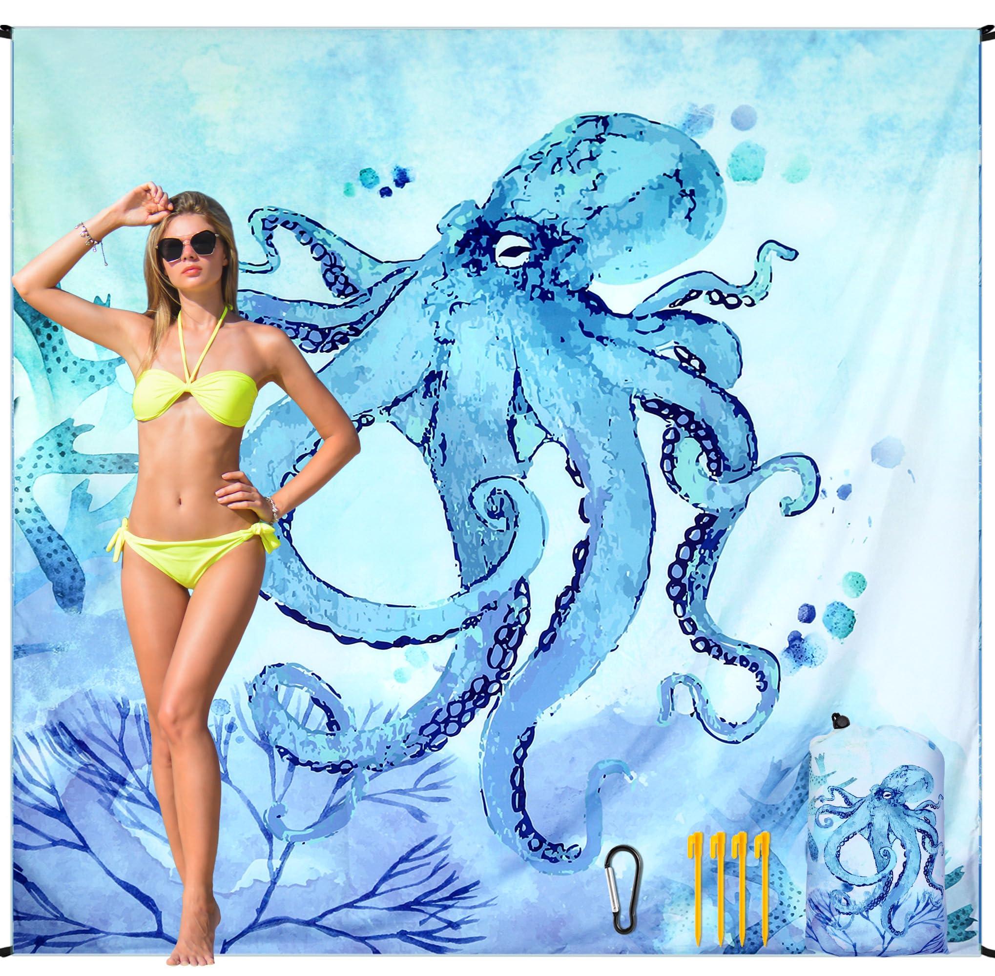 HIHOHO HIHOHO Beach Blanket Waterproof Sandproof Beach Mat for 1-8 Adults Quick Drying Durable Outdoor Picnic Mat for Beach Festival Travel Camping Hiking (BL-Octopus, 79"83"(4 Person))