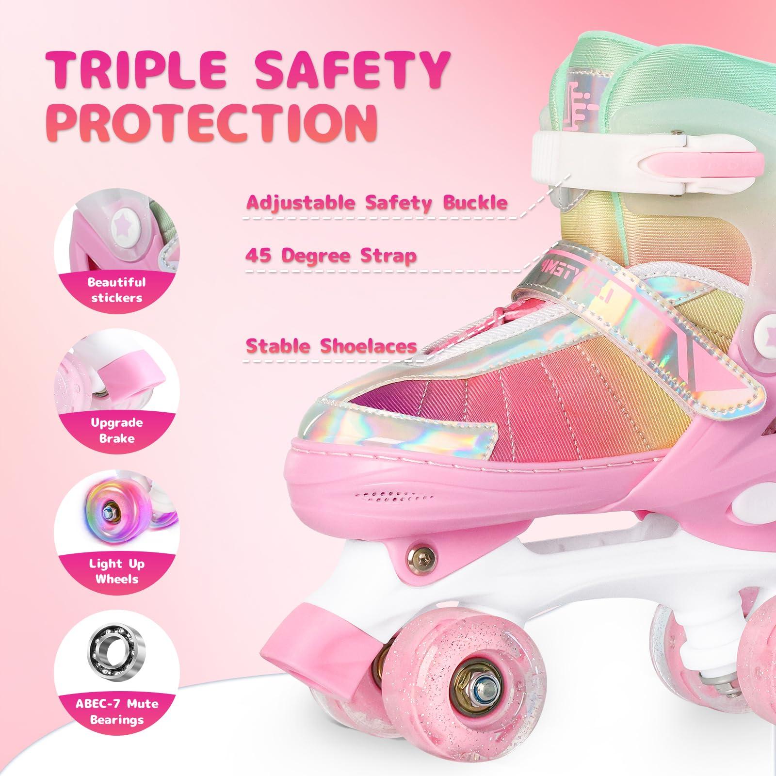 LEVYTEMP LEVYTEMP Rainbow Roller Skates for Girls Kids, Gradient Pink 4 Size Adjustable Quad Skates Size Medium Ages 6-12 with All Light Up Wheels for Kids Youth Outdoor Indoor