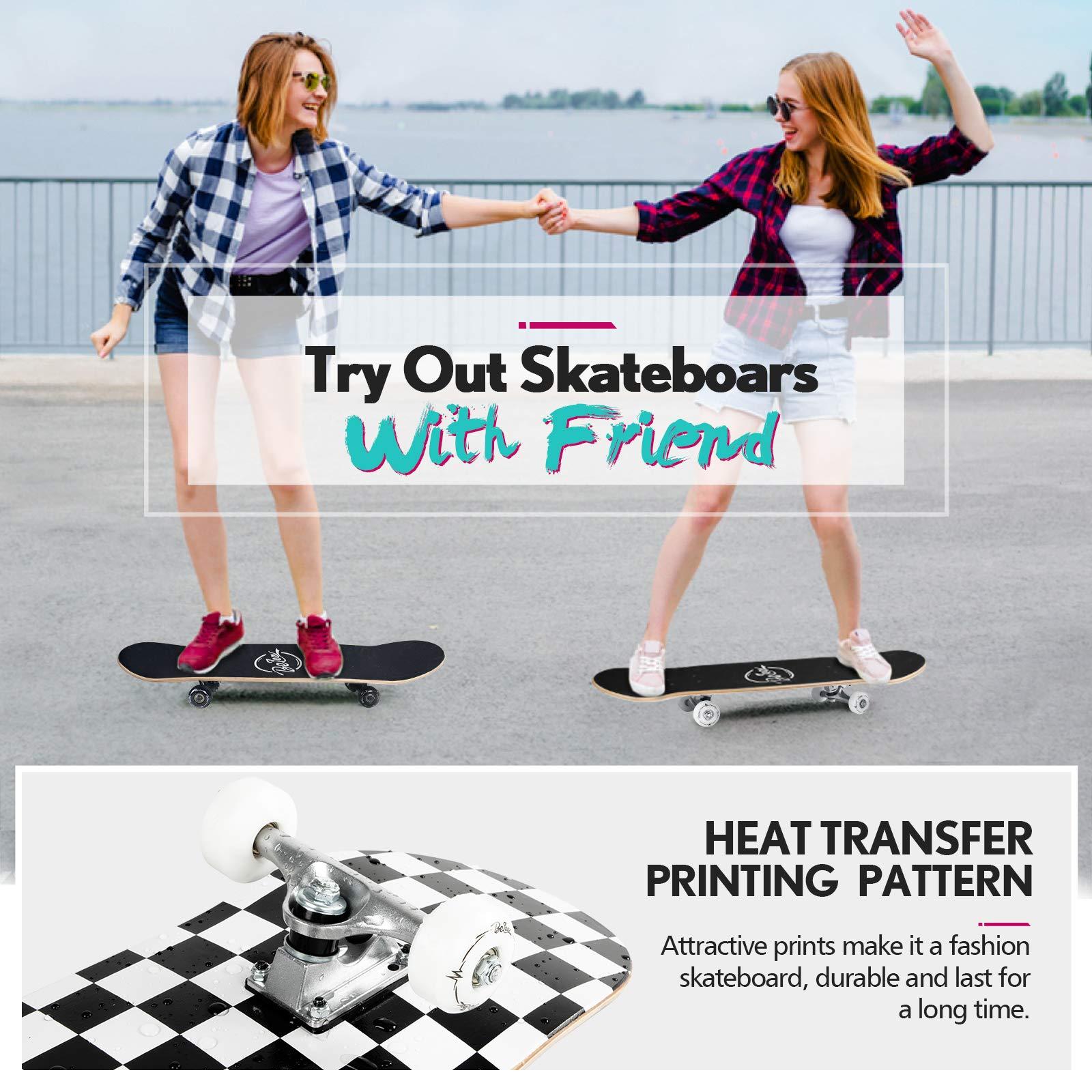 BELEEV BELEEV Skateboards for Beginners, 31 Inch Complete Skateboard for Kids Teens Adults, 7 Layer Canadian Maple Double Kick Deck Concave Cruiser Trick Skateboard (Black White)