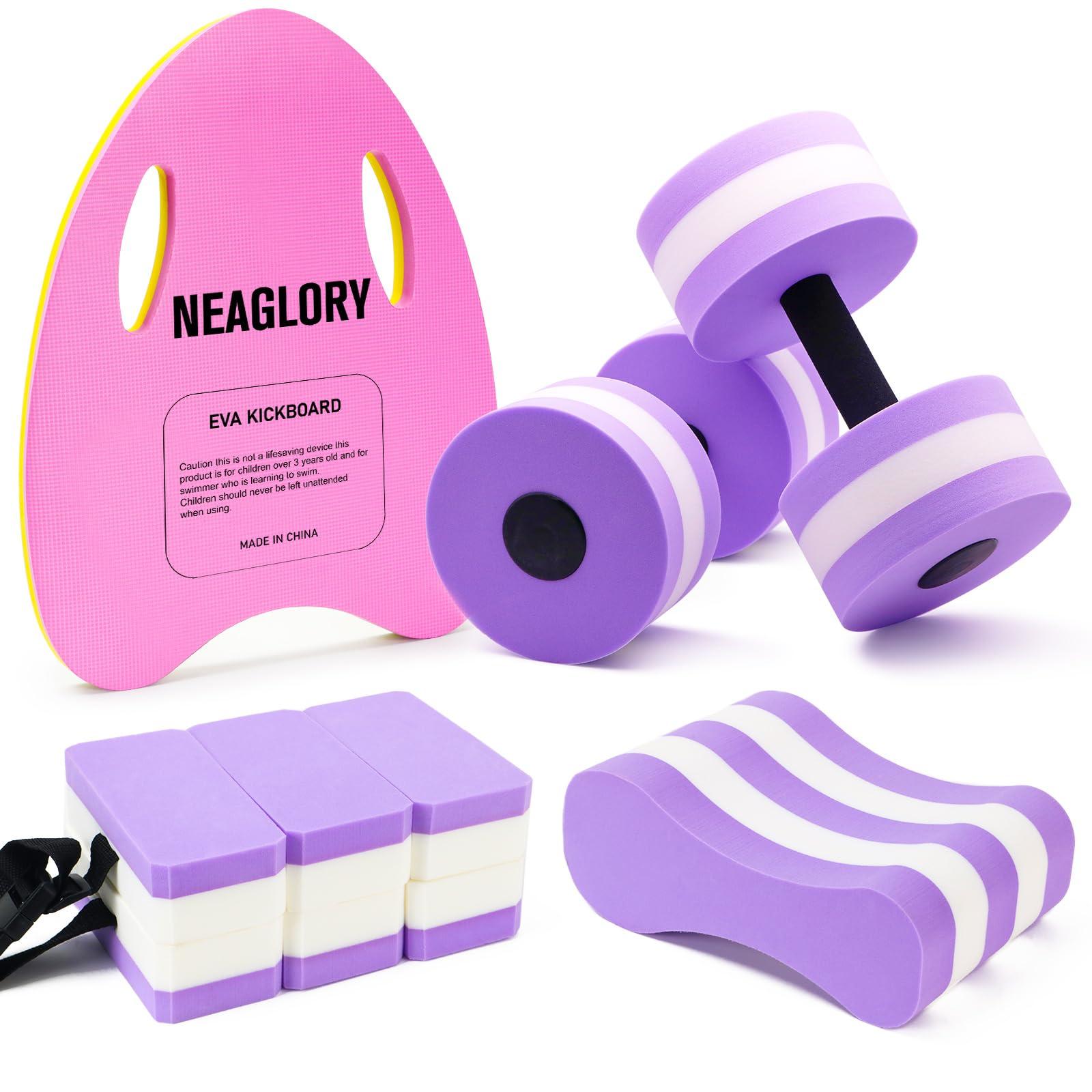 NEAGLORY NEAGLORY 5 Pieces Water Aerobics Set Aquatic Exercise Set Pool Fitness Equipment Foam Water Dumbbell, Swim Kickboard, Pull Buoy, Aquatic Swim Belt for Water Exercise, Purple