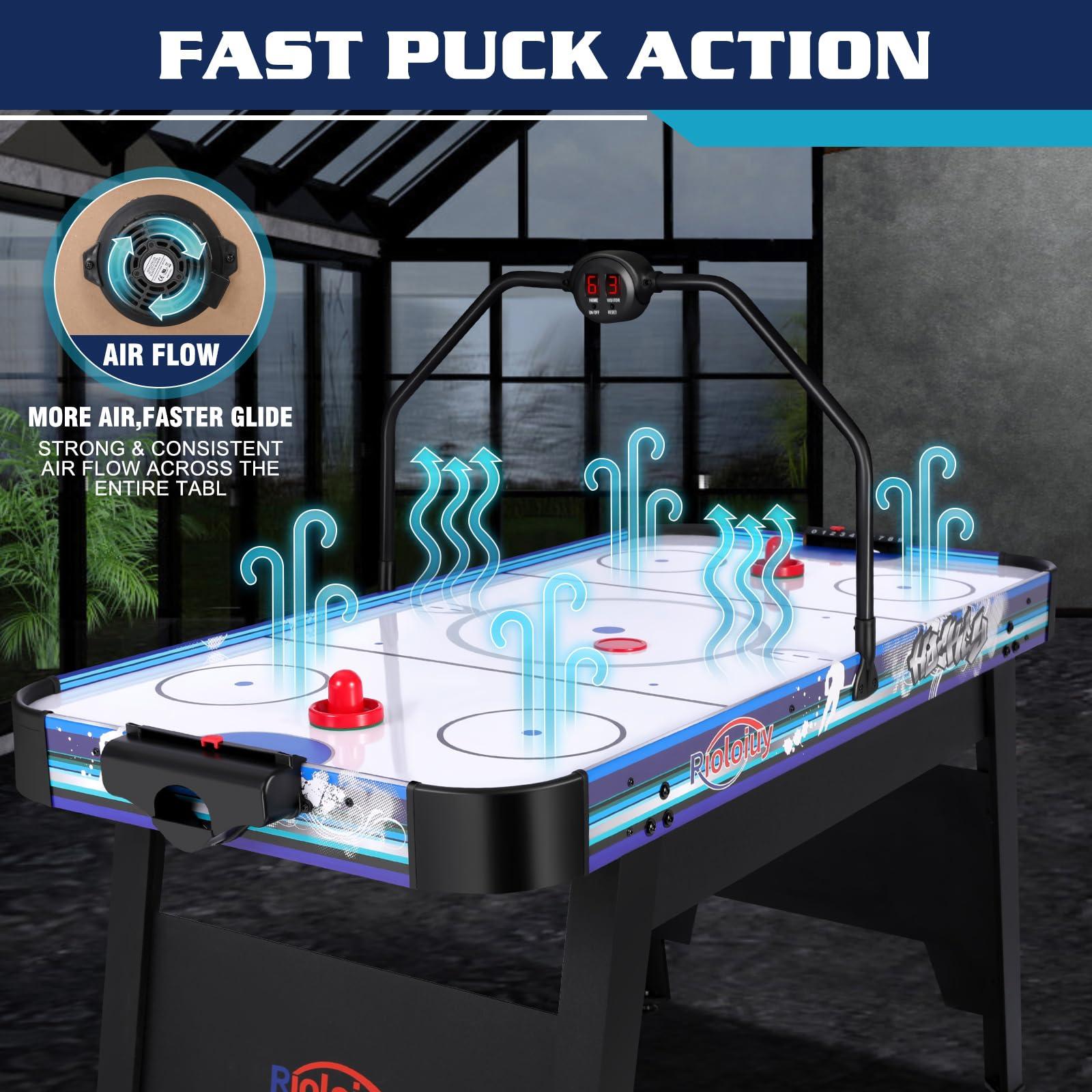 Rioloiuy 58" Air Hockey Table, Arcade Style with Powerful 700mA Motor, Accurate Digital LED Scoreboard on Overhead Gantry, Includes 2 Pucks and 2 Pushers