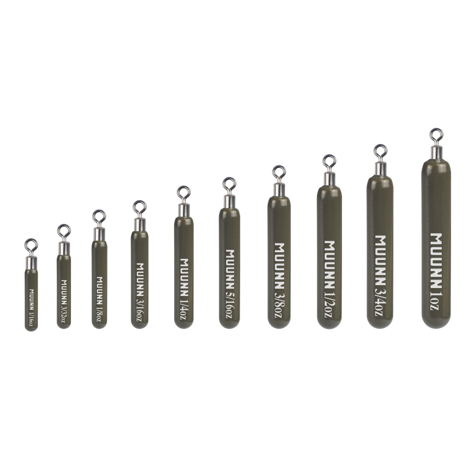 MUUNN MUUNN 10 Pack Tungsten Free Rig Skinny Drop Shot Weights,Raindrop Free Rig Fishing Sinkers kit for Drop Shot Rig(No Chip Green Pumpkin,1/16oz)