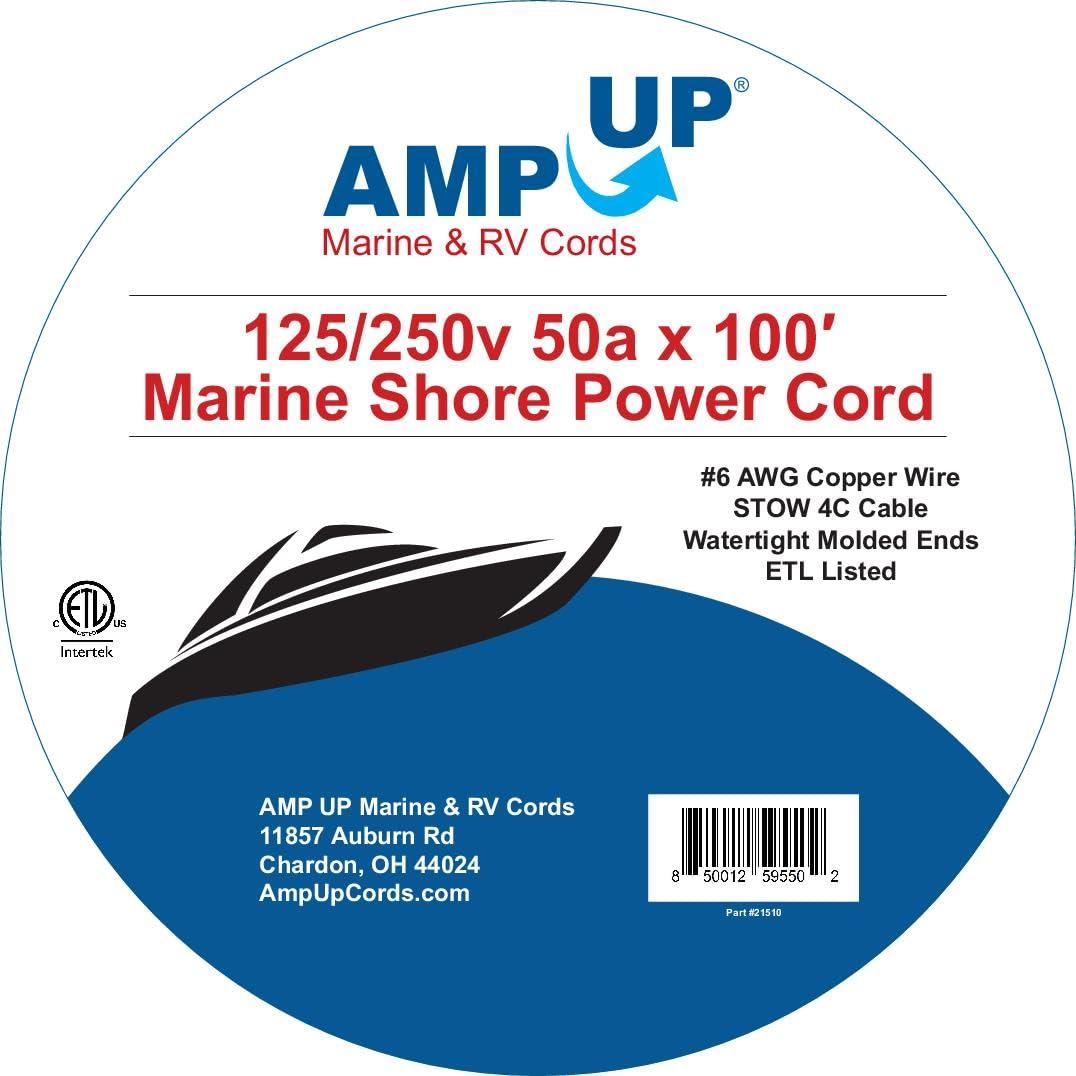 Amp Up Amp Up Marine & RV Cords 125/250 Volt 50 amp Marine Shore Power Boat Cord, Yellow, 100 ft, 6 Gauge, 4 Conductors, ETL Listed #6/4 Stow Cable - 21510