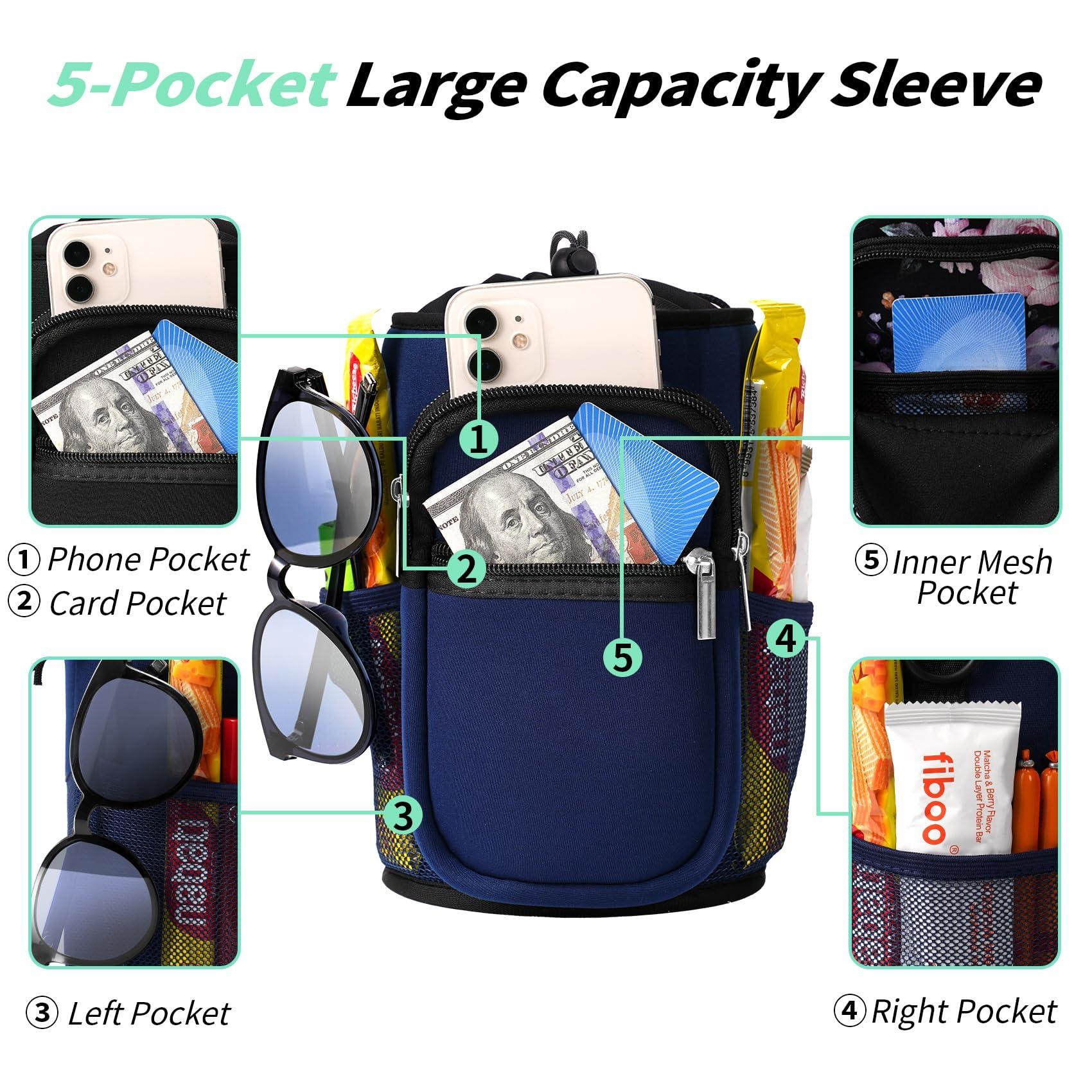AceTreker AceTreker 64/128 oz Water Bottle Carrier Bag, Insulated Half Gallon Water Bottle Sleeve with 5 pocket, Sport Water Flask with Paracord Handle and Shoulder Strap for Walking Hiking Camping Gym-Navy