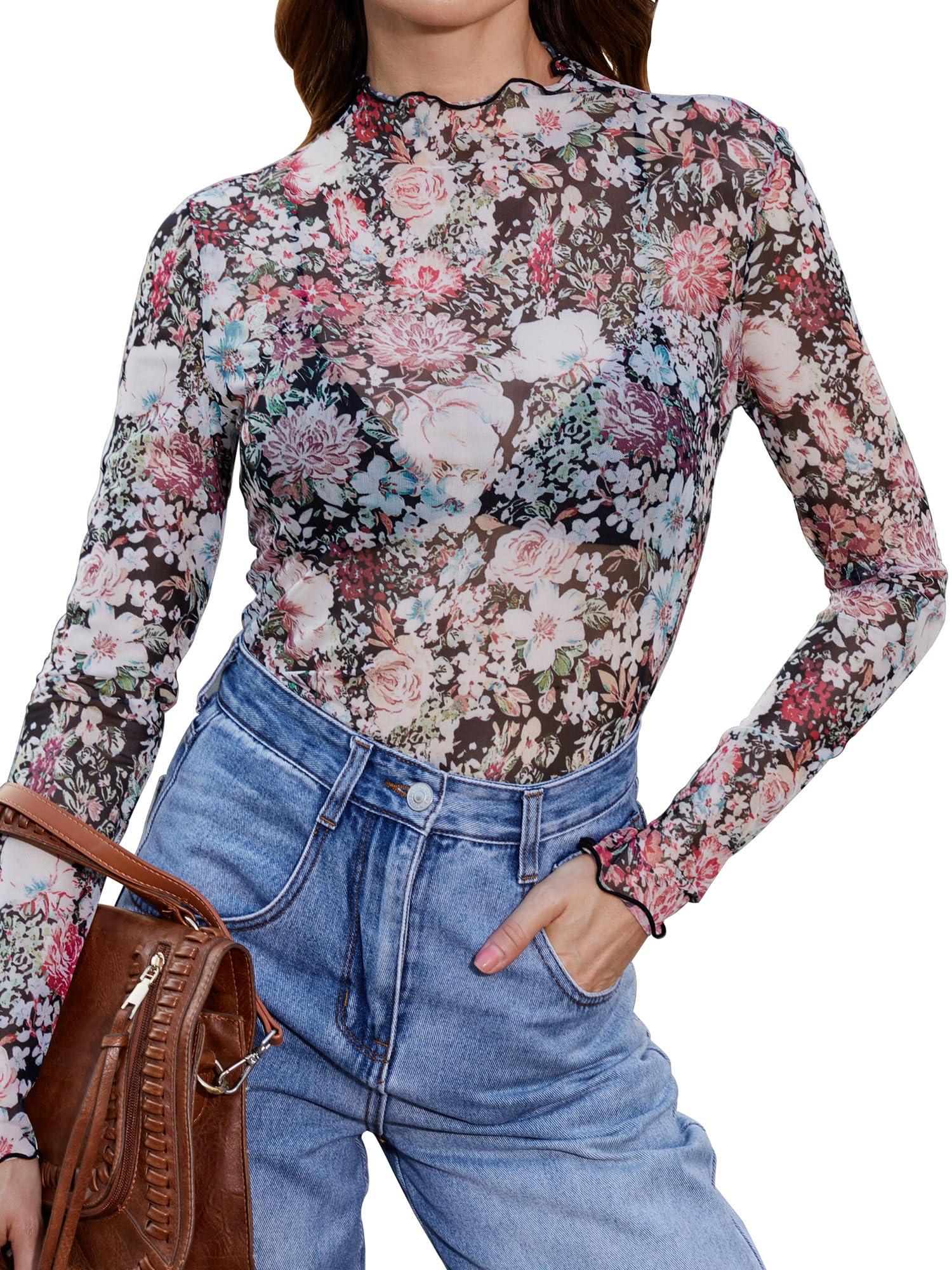 MOHHOM MOHHOM Lace Tops for Women Long Sleeve Mesh Top Mock Neck Sheer Blouse See Through Lace Shirt Layering Top(Floral Pink, Medium)