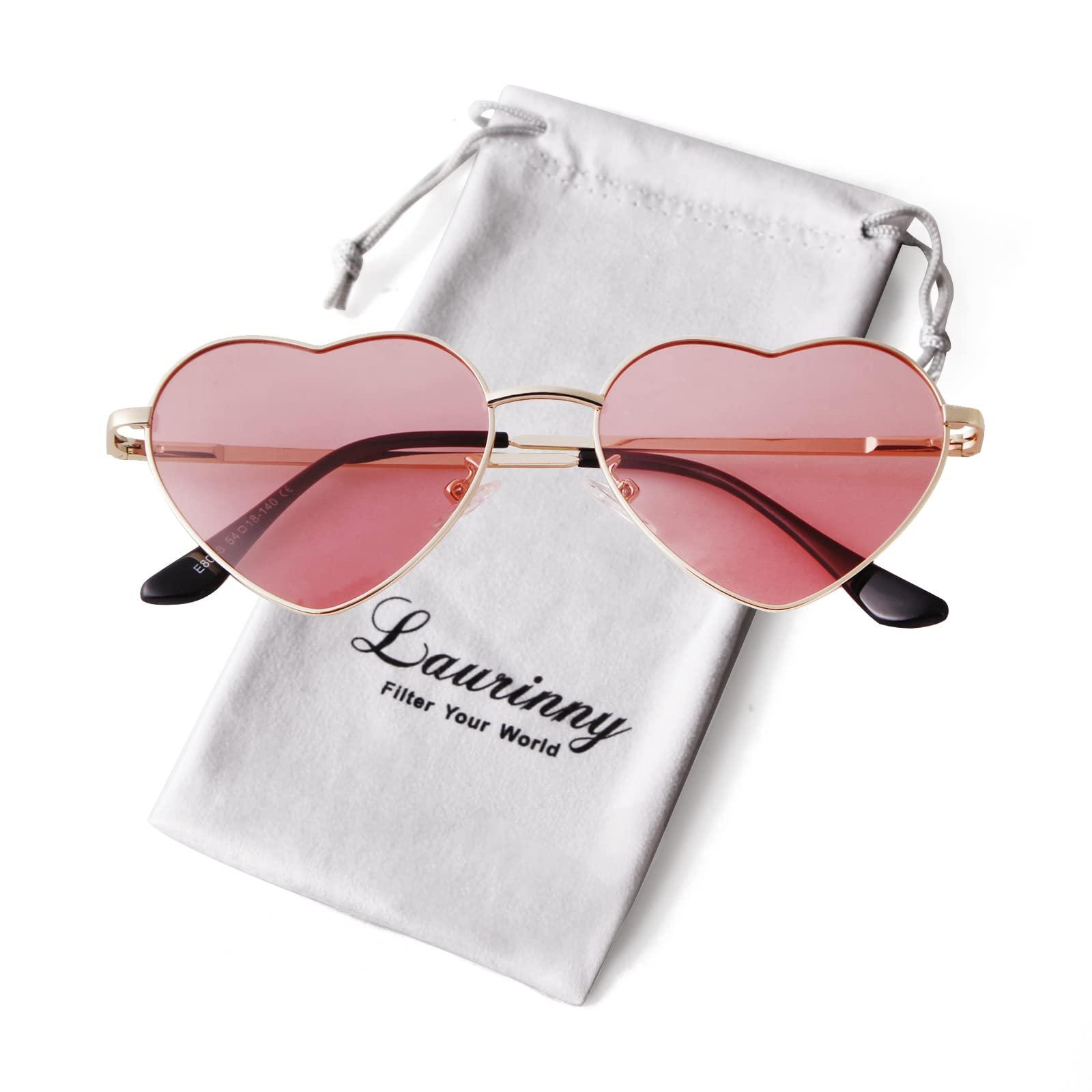 Laurinny Laurinny Pink Heart Sunglasses Polarized for Women Men Retro Heart Shaped Glasses Metal Frame Spring Hinge