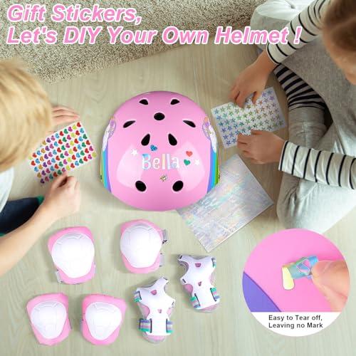 Unicorn Catcher Kids Bike Helmet, Kids Helmets Ages 5-8 with DIY Stickers Kids Knee Pads and Elbow Pads Set Unicorn Toddler Helmets Adjustable Girls Helmet for Age 3-5-8 fit Skateboarding, Roller Skates, Scooter
