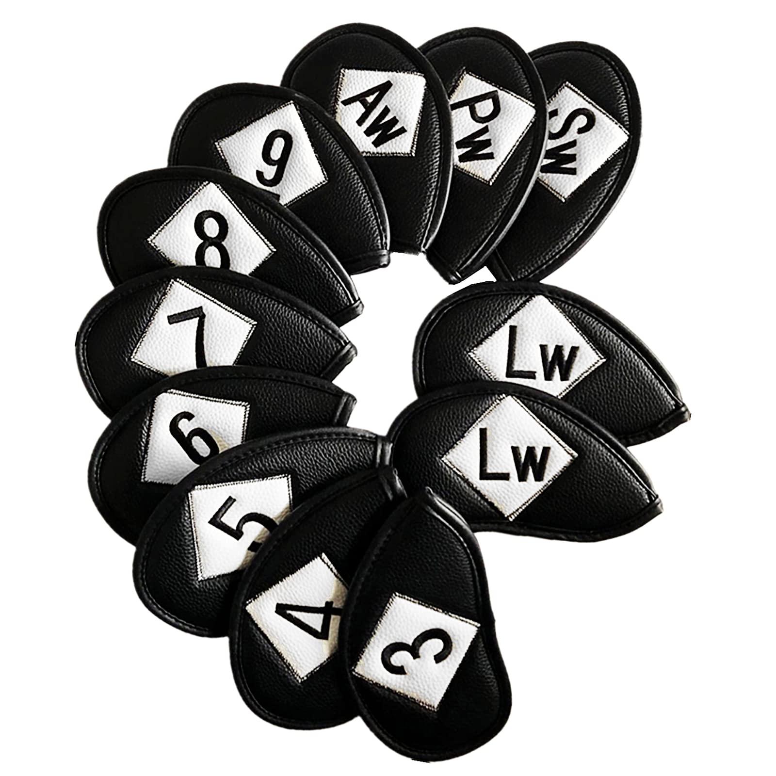 FINGER TEN FINGER TEN Golf Iron Head Covers Value 8/11/12 Piece Set, Synthetic Leather Deluxe Club Headcover, Universal Fit Main Iron Clubs Gift Set (Both Side-Black)