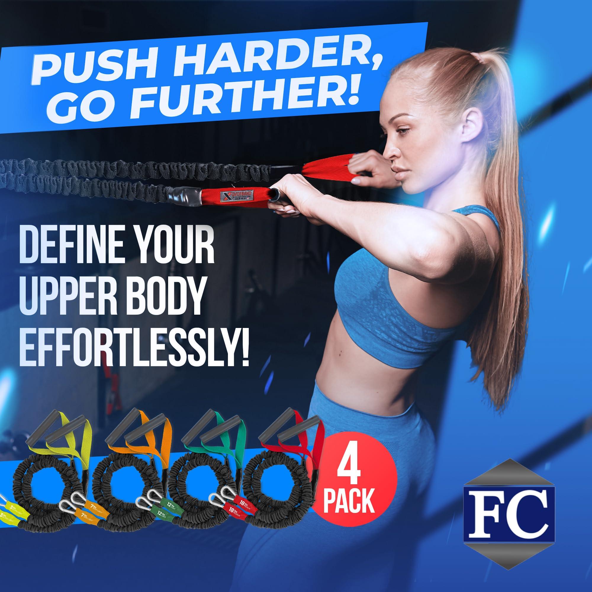 FITCORD X-Over Resistance Bands: Strengthen Shoulders, Reduce Pain, Prevent Injury, Ideal for Dynamic Warmups & Rehab, with Safety Sleeve to Protect from Over-Stretching - 4 Pack (3lb, 7lb, 12lb & 18lb)