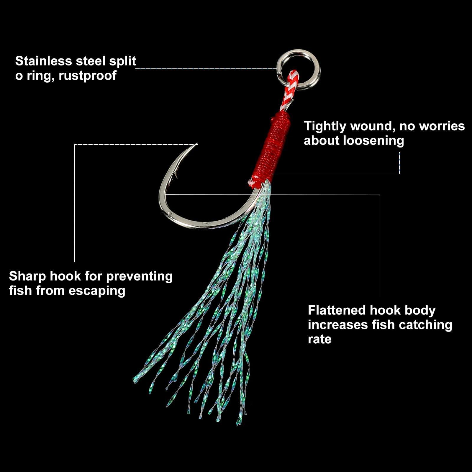 PATIKIL PATIKIL Fishing Assist Hooks Kit, 20 Pcs Glow Jigging Hook Slow Fast Fall Jigs Fishing Hooks for Vertical Jigging Lures, Green (15#,2.2"x0.59")