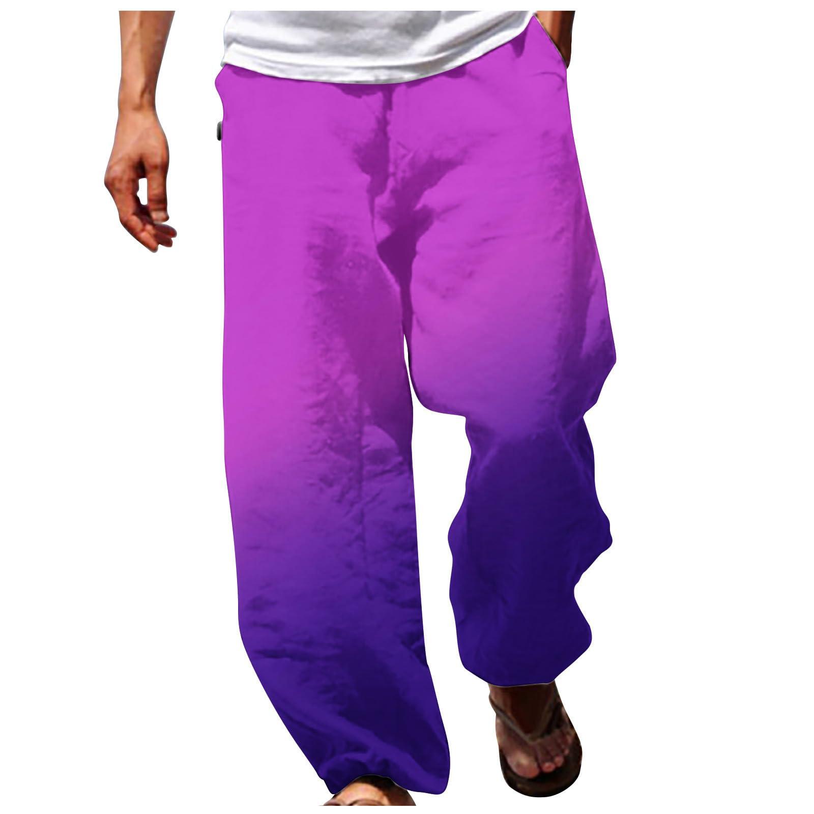 Ctreela Men Trendy Loose Fit Pants Lightweight Beach Pants Summer Fall Drawstring Gradient Sweatpants Ombre Comfy Yoga Pants Purple