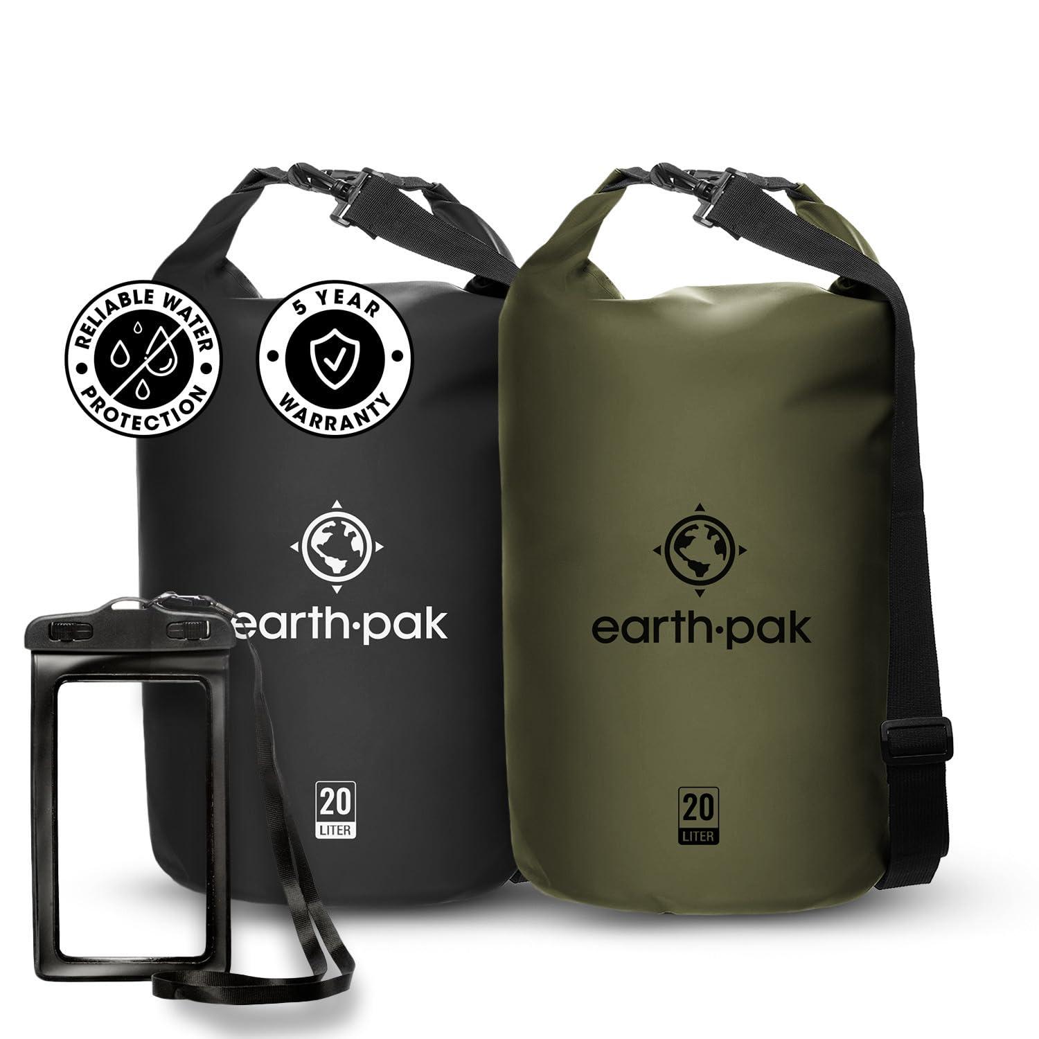 Earth Pak Earth Pak Waterproof Dry Bag - Roll Top Waterproof Backpack Sack (20L Black & 20L Green)