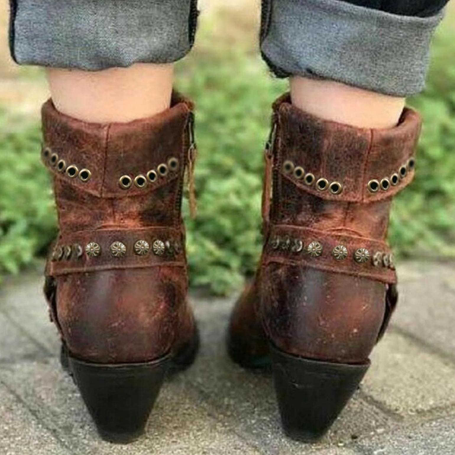 Bcshiye Bcshiye Women's Ankle Bootie,Fashion Vintage Slip on Pointed Toe Mid Heel Booties Thick Heel Western Boots for Women