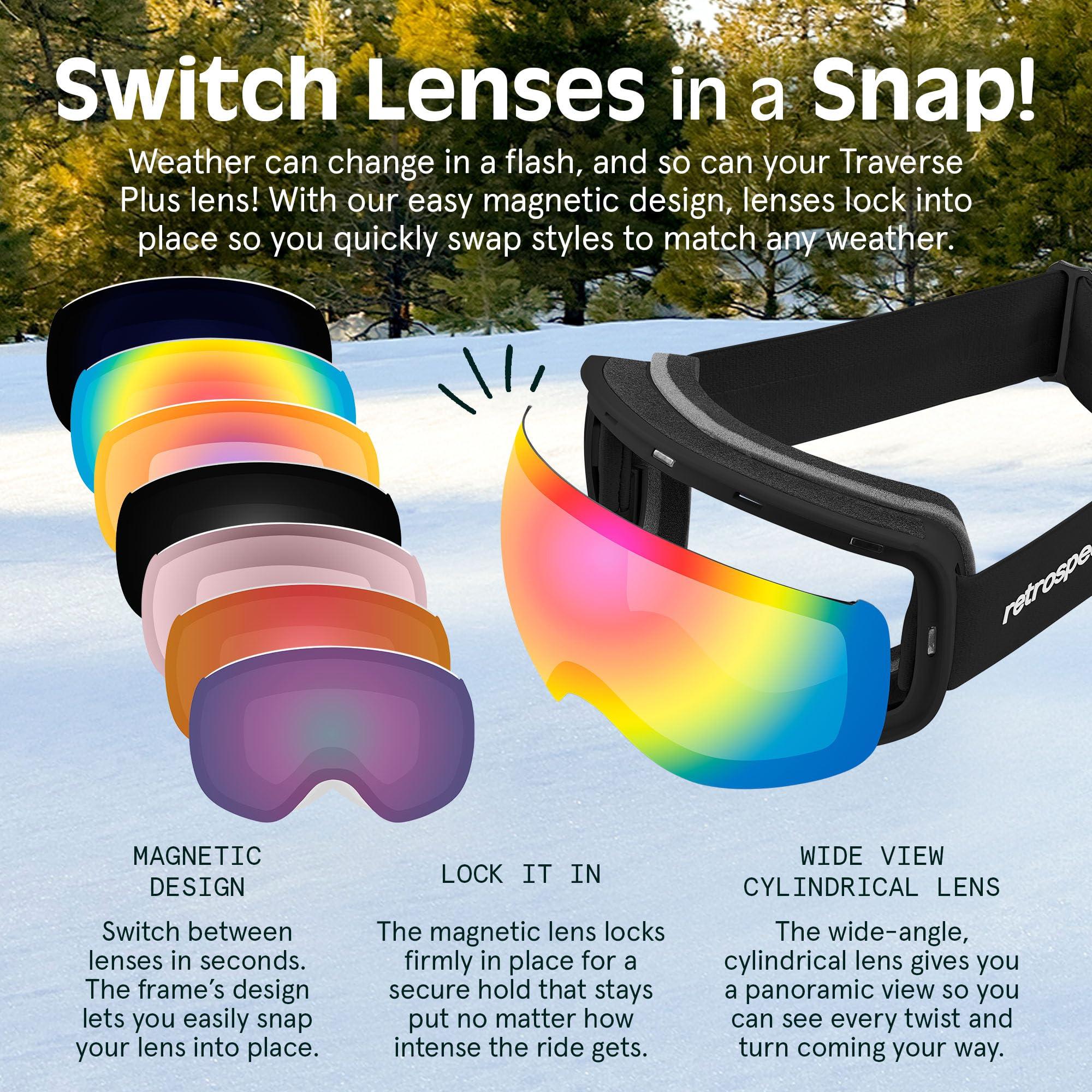 Retrospec Retrospec Traverse Plus Ski & Snowboard Snow Goggles for Men and Women with Spherical Interchangeable Magnetic Lens, Anti-Fog and OTG Design, 100% UV Protection for Skiing and Snowboarding