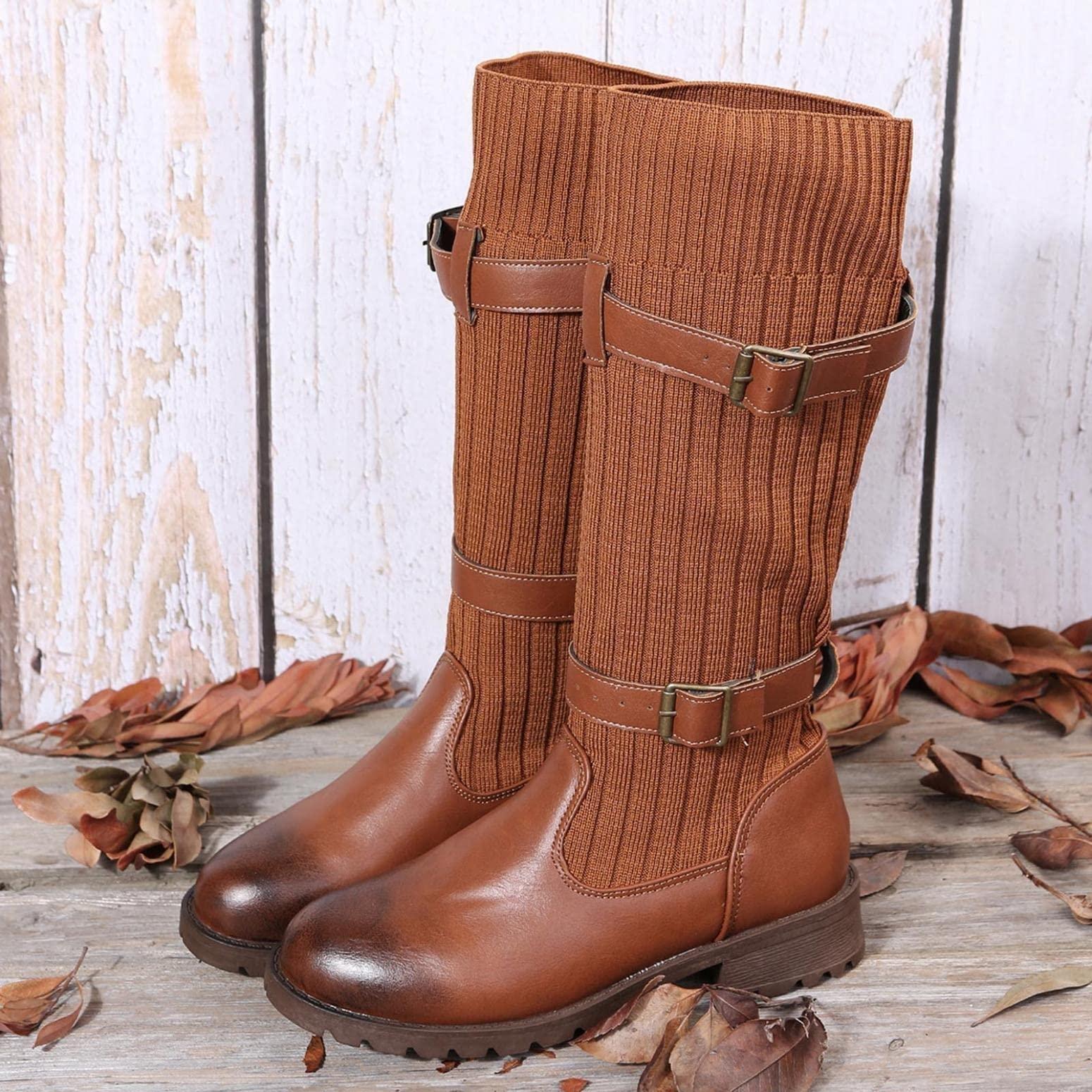 ZBYY ZBYY Women's Knee Boots Chunky Low Heels Thigh High Boots Long Stretch Fall Knitted Winter Dress Boots Fashion Mid Calf Booties
