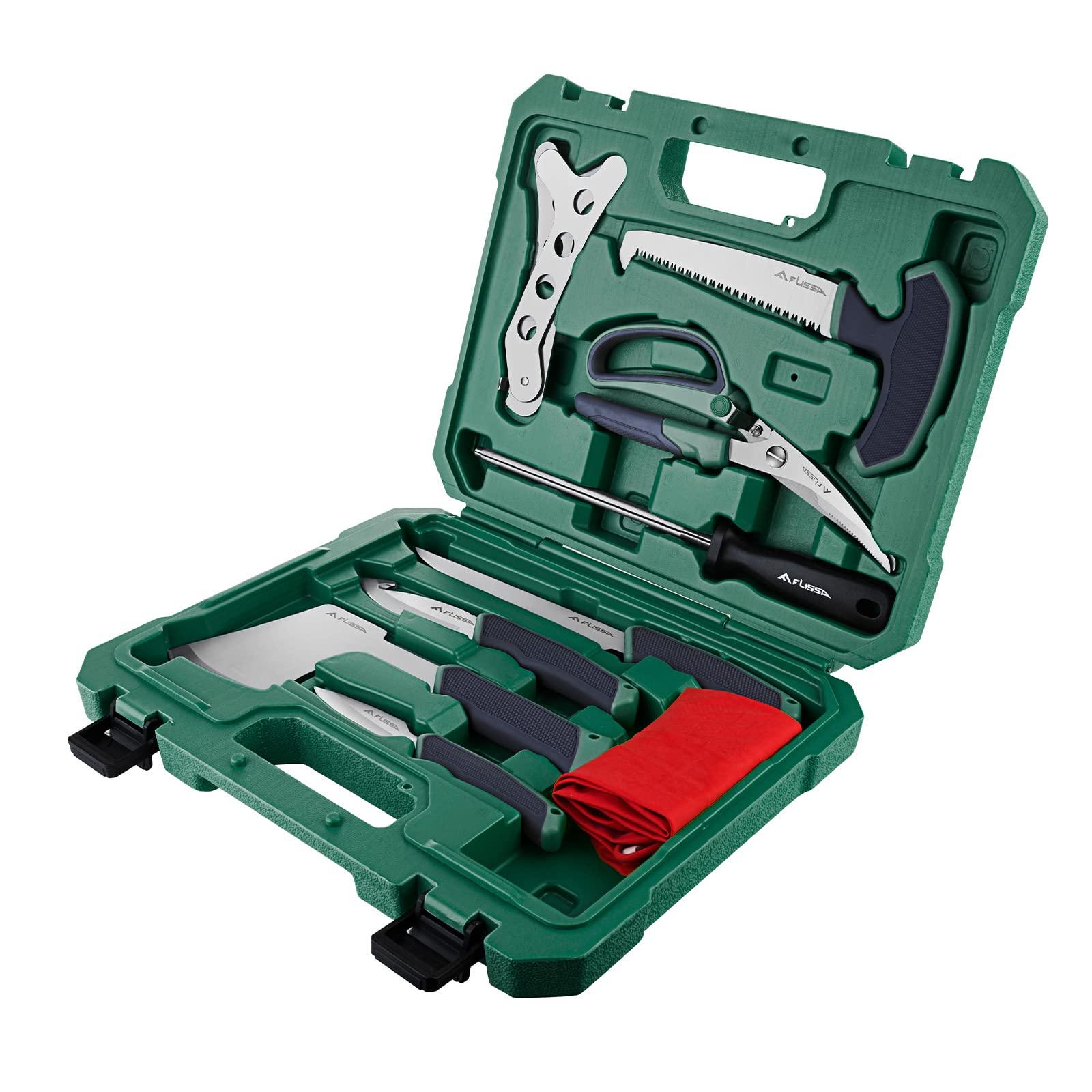 FLISSA Flissa Hunting Field Dressing Kit, 10 Piece Hunting Knife Set with Skinning Knife, Butcher Game Processing Kit with Portable Storage Case for Deer, Meat Processing, Fishing, Camping, Survival (Green)