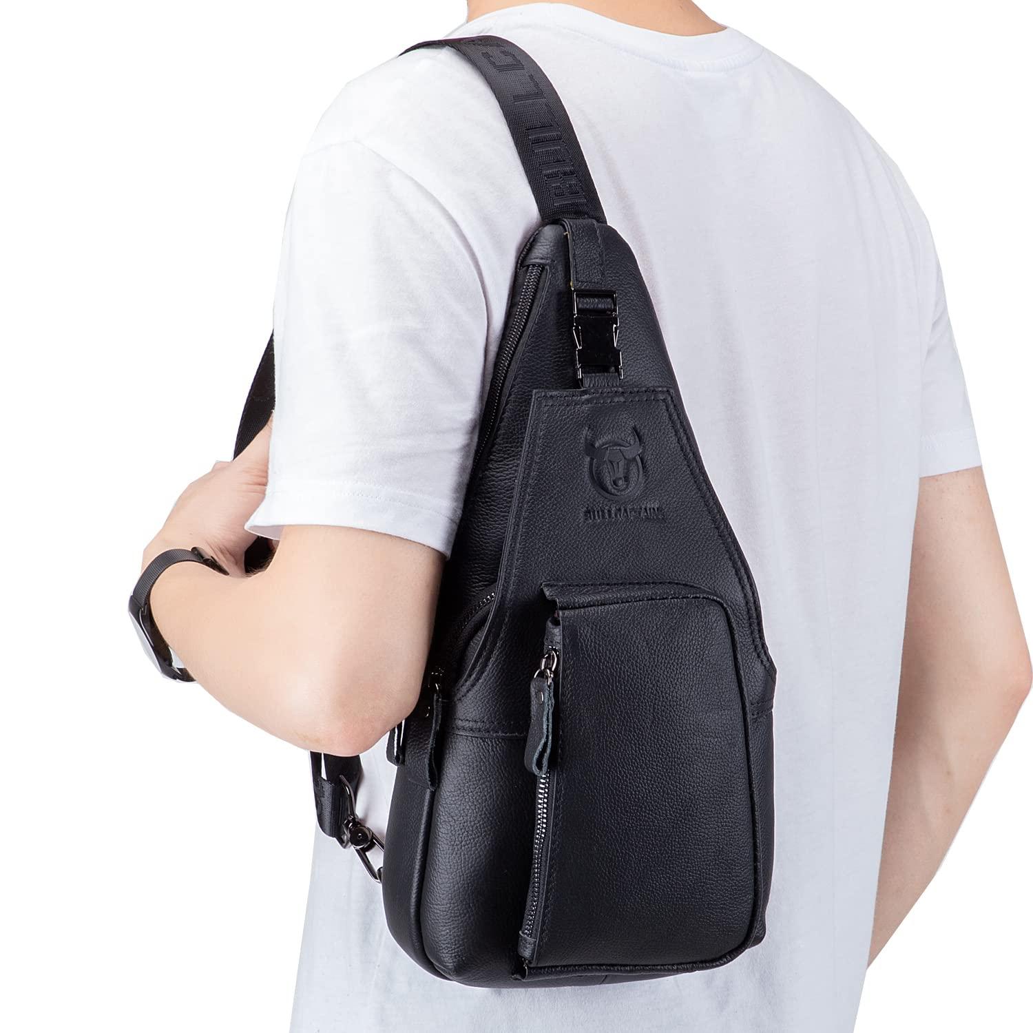Hebetag Hebetag Leather Sling Crossbody Bag Casual Daypack for Men Women Outdoor Travel Hiking Camping Fishing Shoulder Chest Pack Day Pack, Black