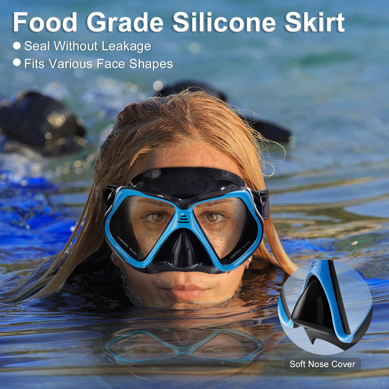 ITOWE ITOWE 2 Window Swimming Goggles Snorkel Mask Adult Unisex Tempered Glass Shatterproof Scuba Diving Mask Anti-Fog No Leak Snorkeling Mask 180 Clear View Goggles with Nose Cover Youth Men Women