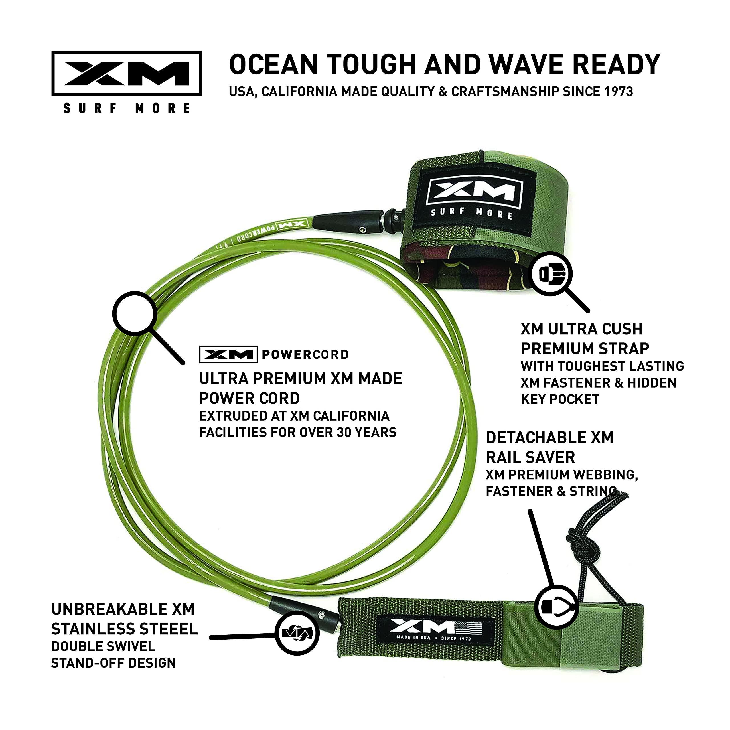 XM SURF MORE XM SURF MORE Premium Surfboard Leash, 7ft, Made in USA, Regular Cord Thickness (.270in), Key Pocket, Unbreakable Swivels, Detachable Railsaver, Coral Leash, Black Strap, Kink-Free [3 Year Warranty]