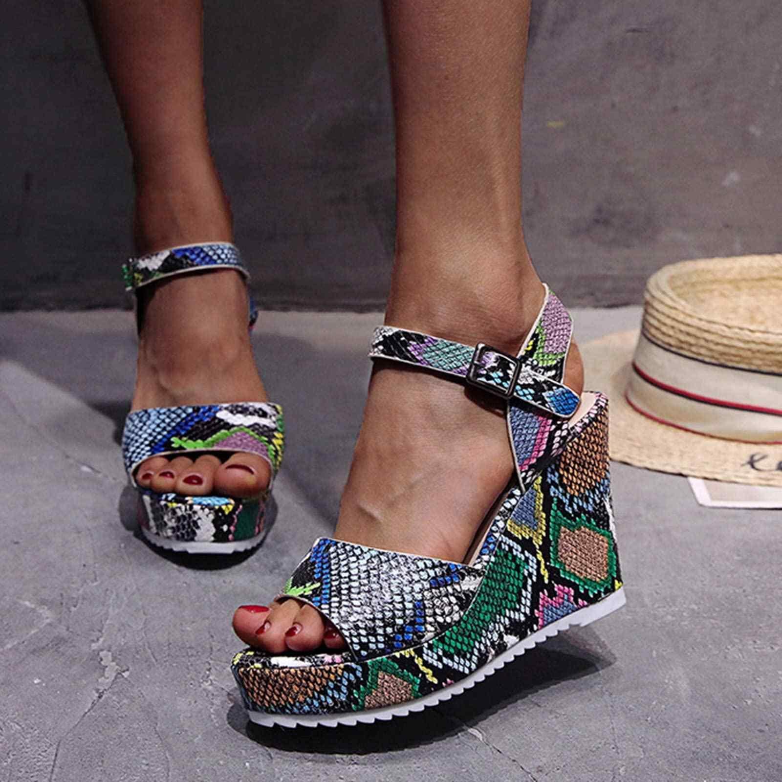 ZBYY ZBYY Women Wedge Sandals,Summer Slip On Snakeskin Sandals Open Peep Toe Dress Pumps Platform Sandals with Ankle Strap