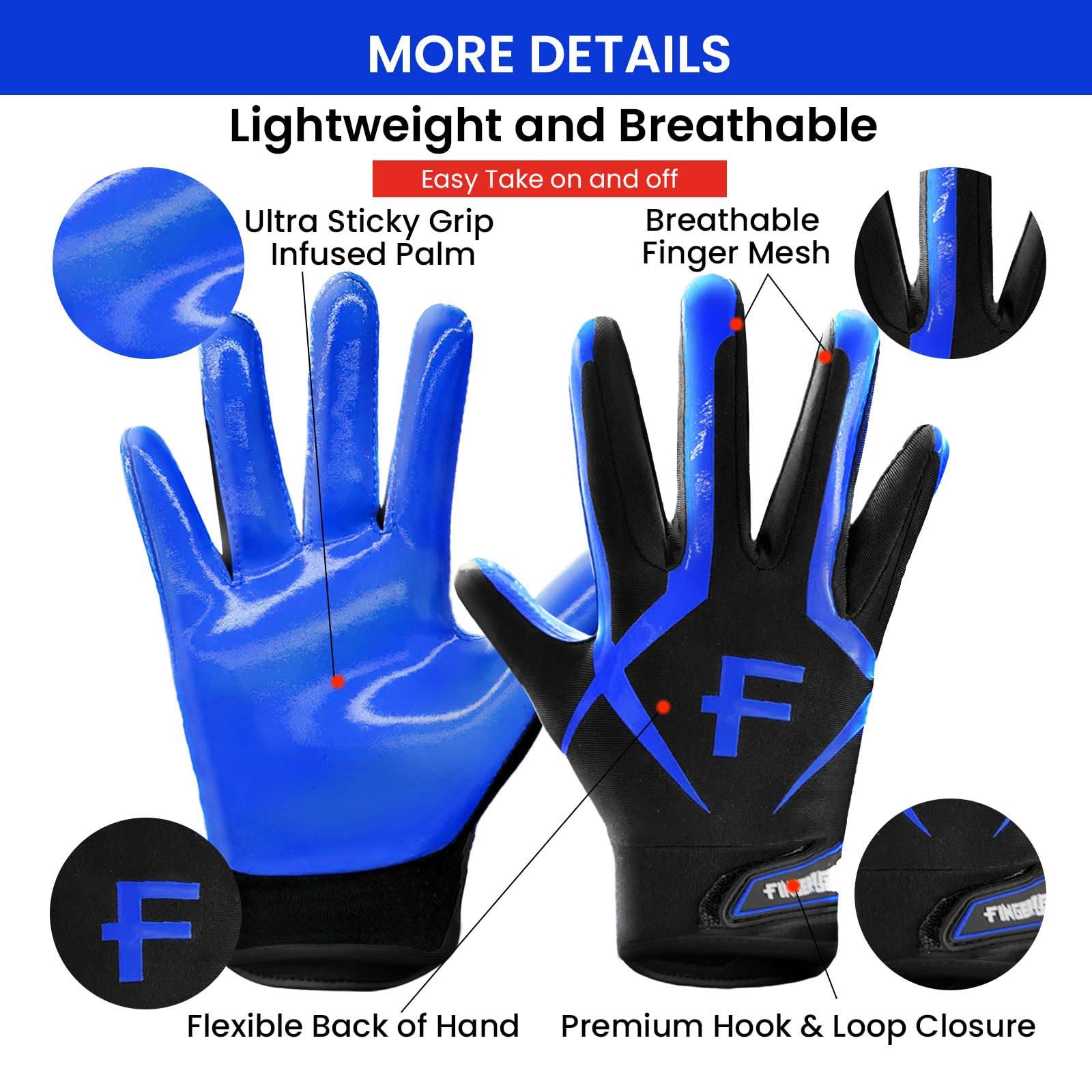 FINGER TEN FINGER TEN Football Receiver Gloves Youth Receiving Gloves Pro 3.0 Durable Breathable Flexible for Kids Boys Girls in White Red Black Blue Small Large Medium X-Large (A-Blue, Medium)